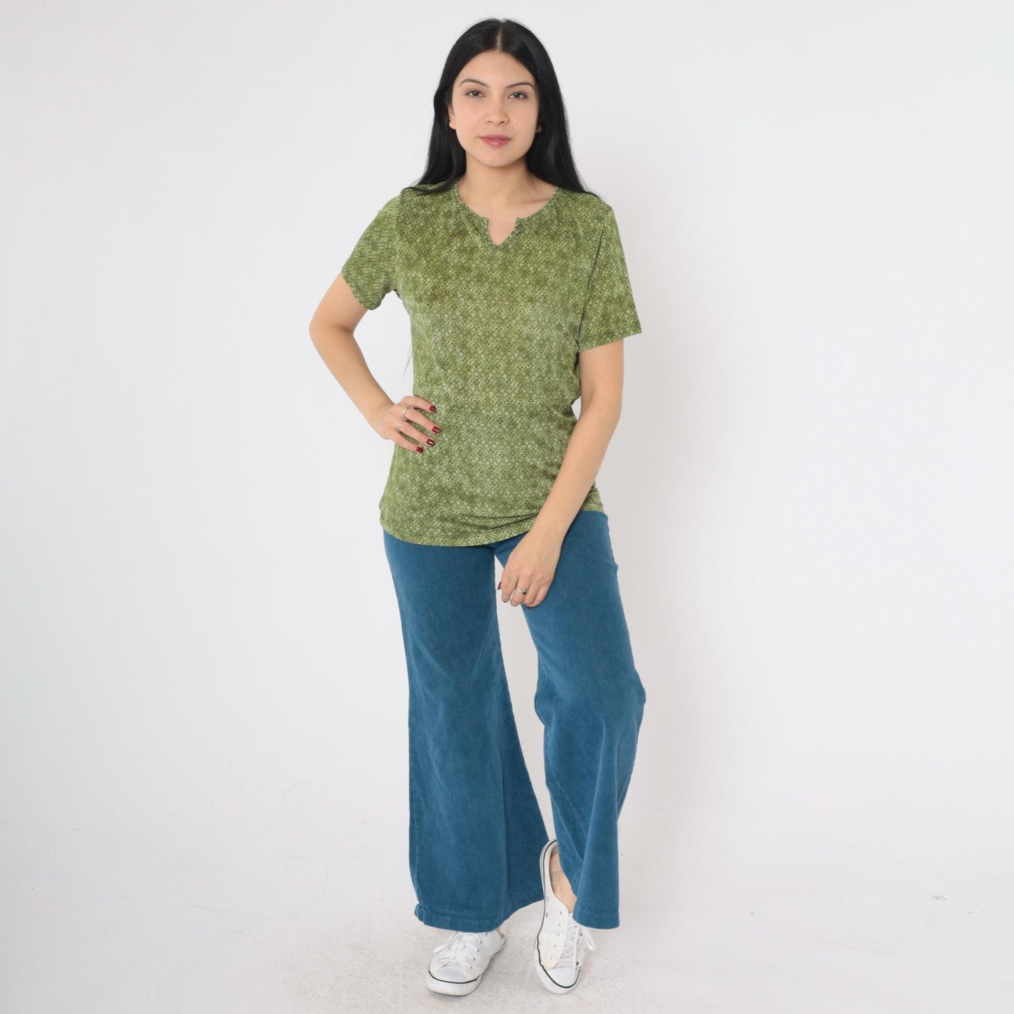 90s Olive Green Geometric Lattice Print Top Split V-Neck Short Sleeve Medium Large