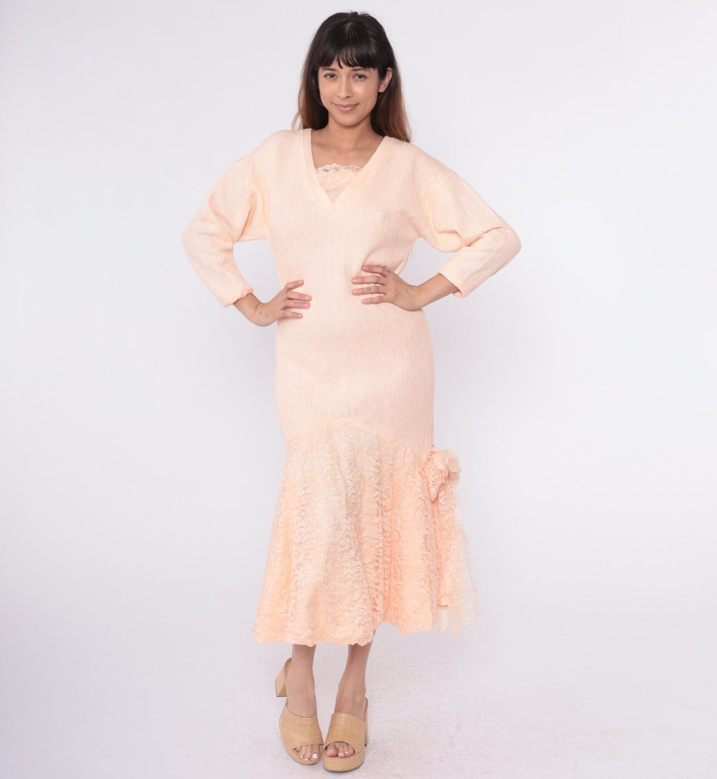 80s Peach Knit Midi Dress V-Neck Lace Mermaid Hem Long Sleeve Medium