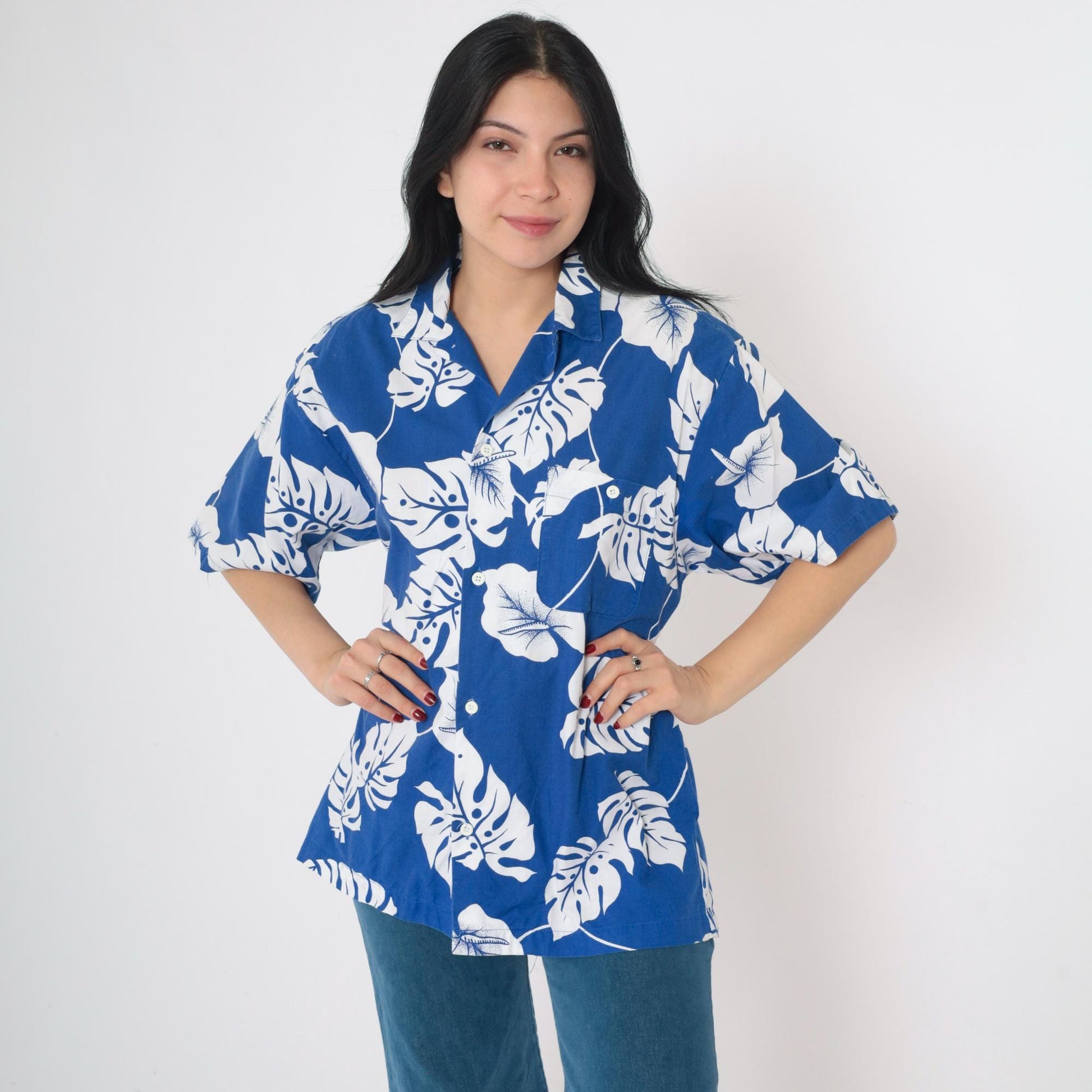 90s Newport Blue Hawaiian Shirt Toucan Monstera Tropical Floral Large L