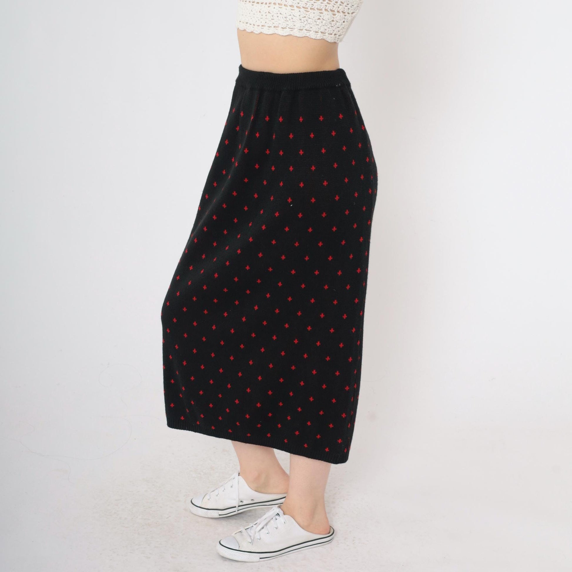 80s Khazana Black Knit Midi Skirt Red Geometric Print Elastic Waist Small