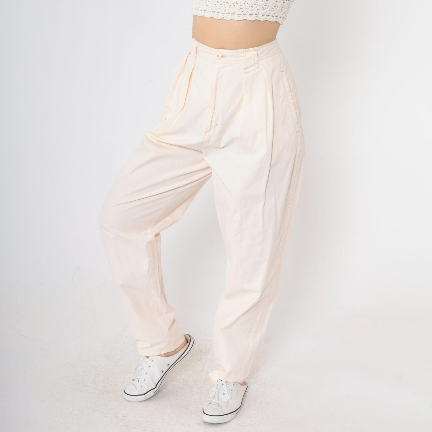 80s Bonjour Pale Peach High Waist Pleated Tapered Trousers Cotton Medium