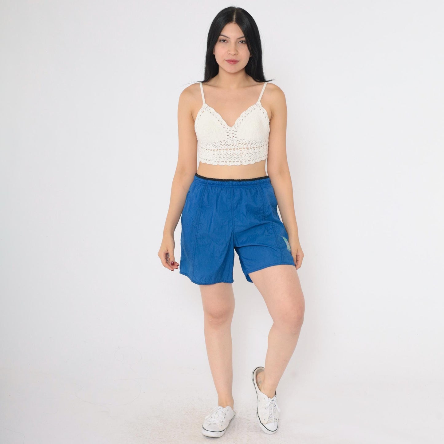 90s Reflex Blue Nylon Swim Shorts Elastic Waist Surfer Patch Medium
