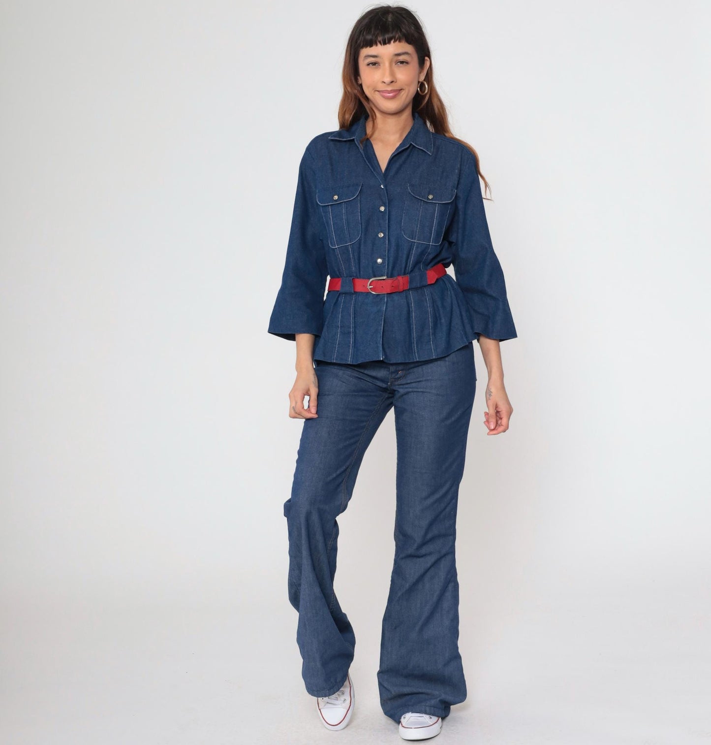 80s Willi of California Chambray Blouse Button-Up Pointed Collar Blue Medium