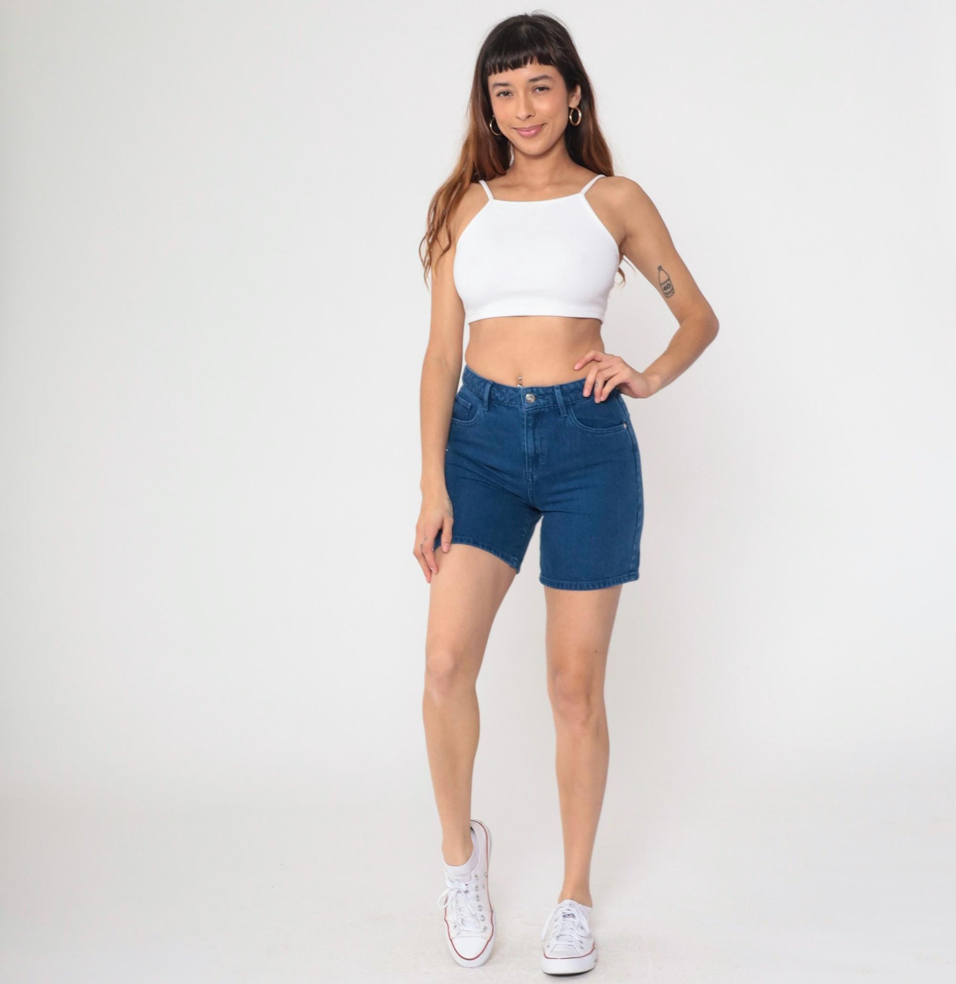Y2K Guess Dark Wash High-Waisted Jean Shorts Triangle Logo Small 26