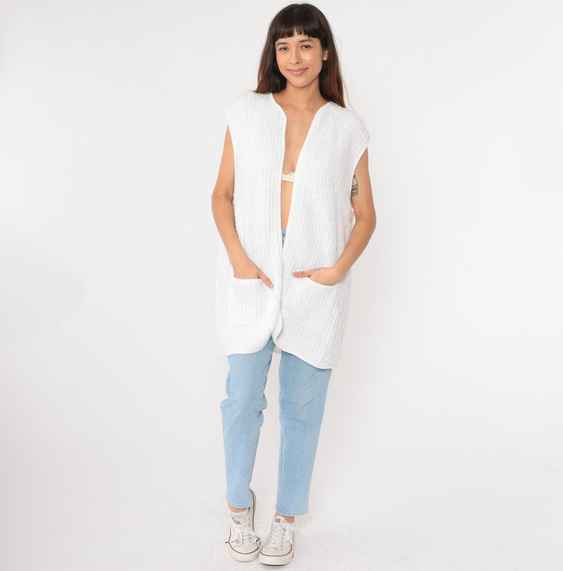 80s Sideffects Plus White Knit Vest Open Front Pockets Sleeveless Extra Extra Large XXL