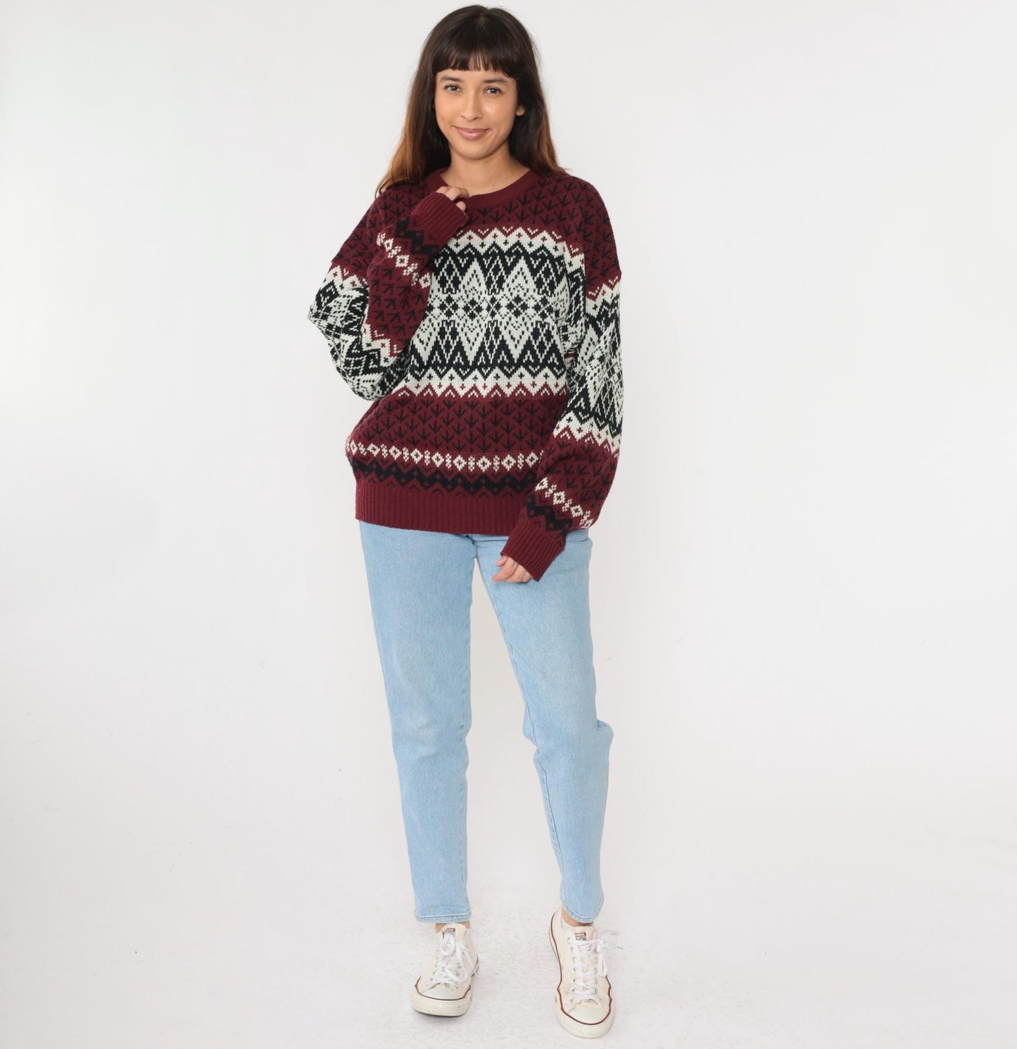 90s Fair Isle Sweater Maroon Black White Geometric Knit Pullover Extra Large