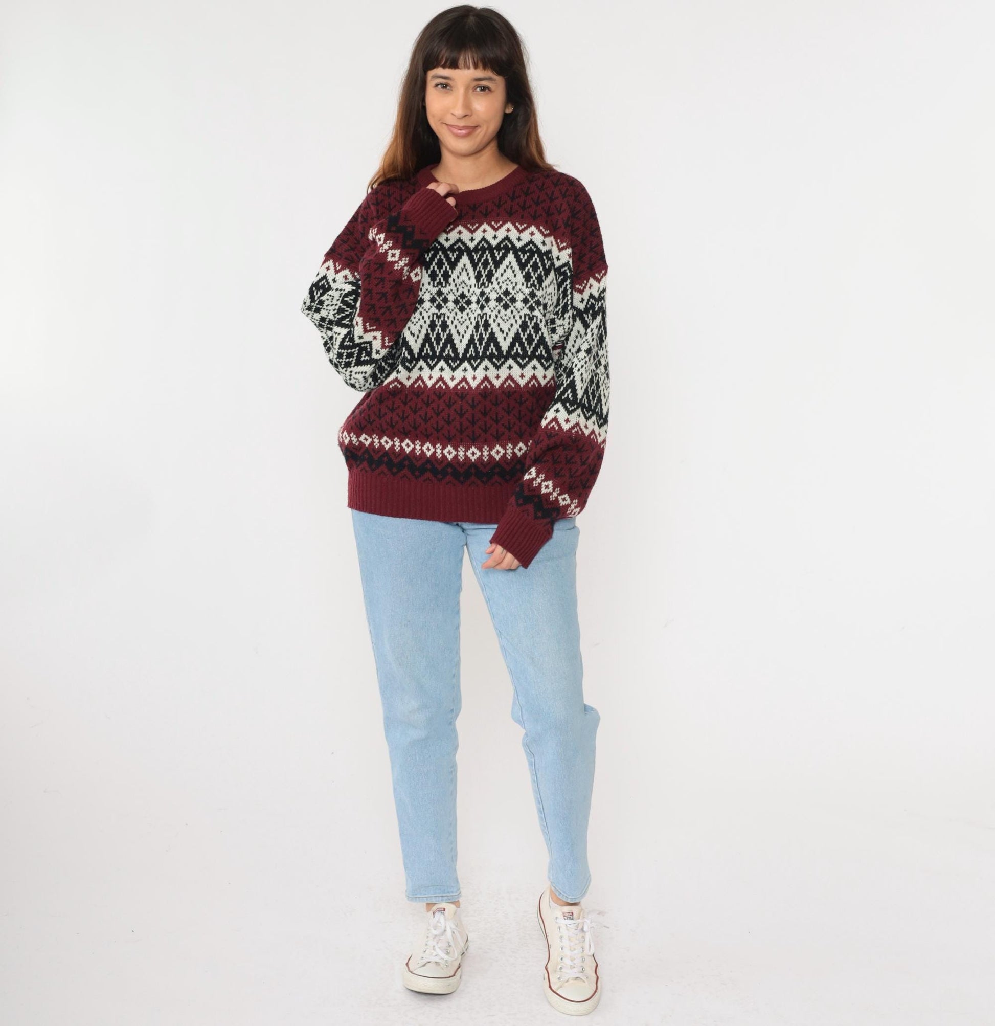 90s Fair Isle Sweater Maroon Black White Geometric Knit Pullover Extra Large