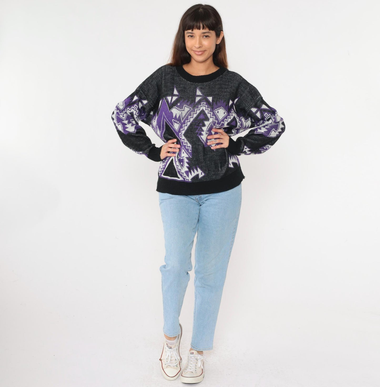 80s Geometric Snake Pattern Sweater Purple Black Acrylic Crewneck Large