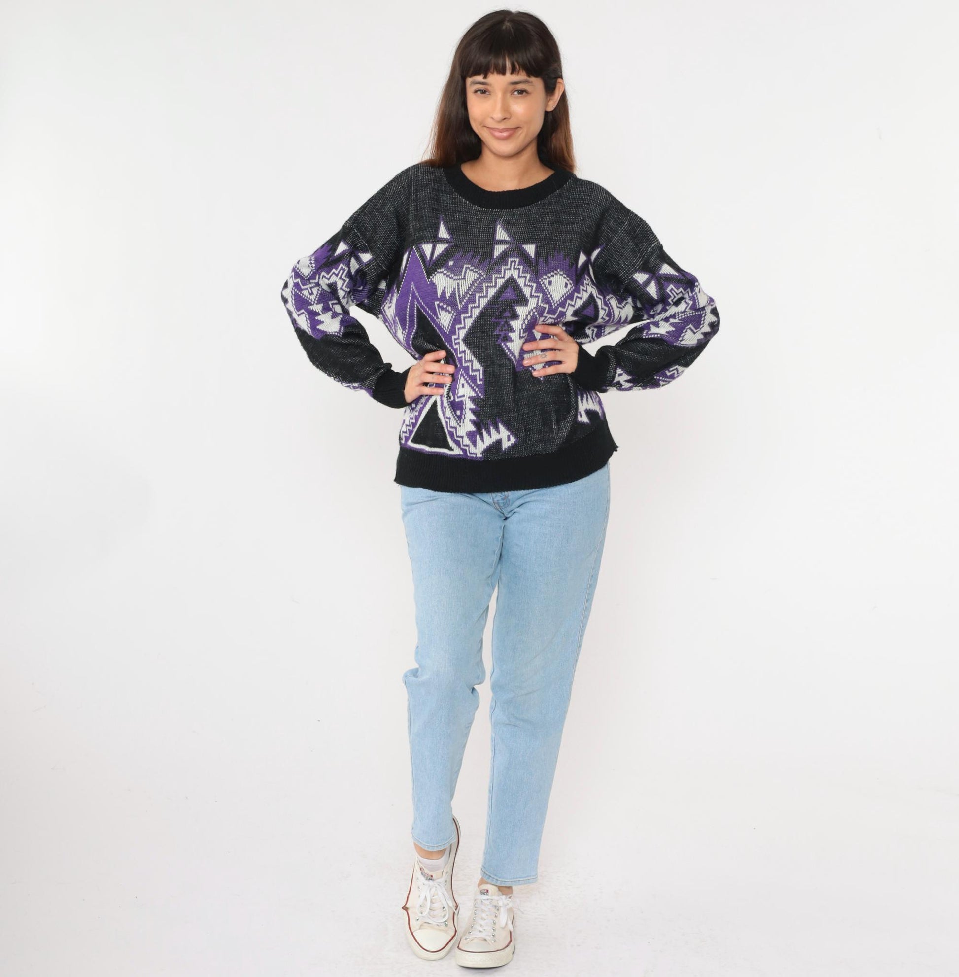 80s Geometric Snake Pattern Sweater Purple Black Acrylic Crewneck Large