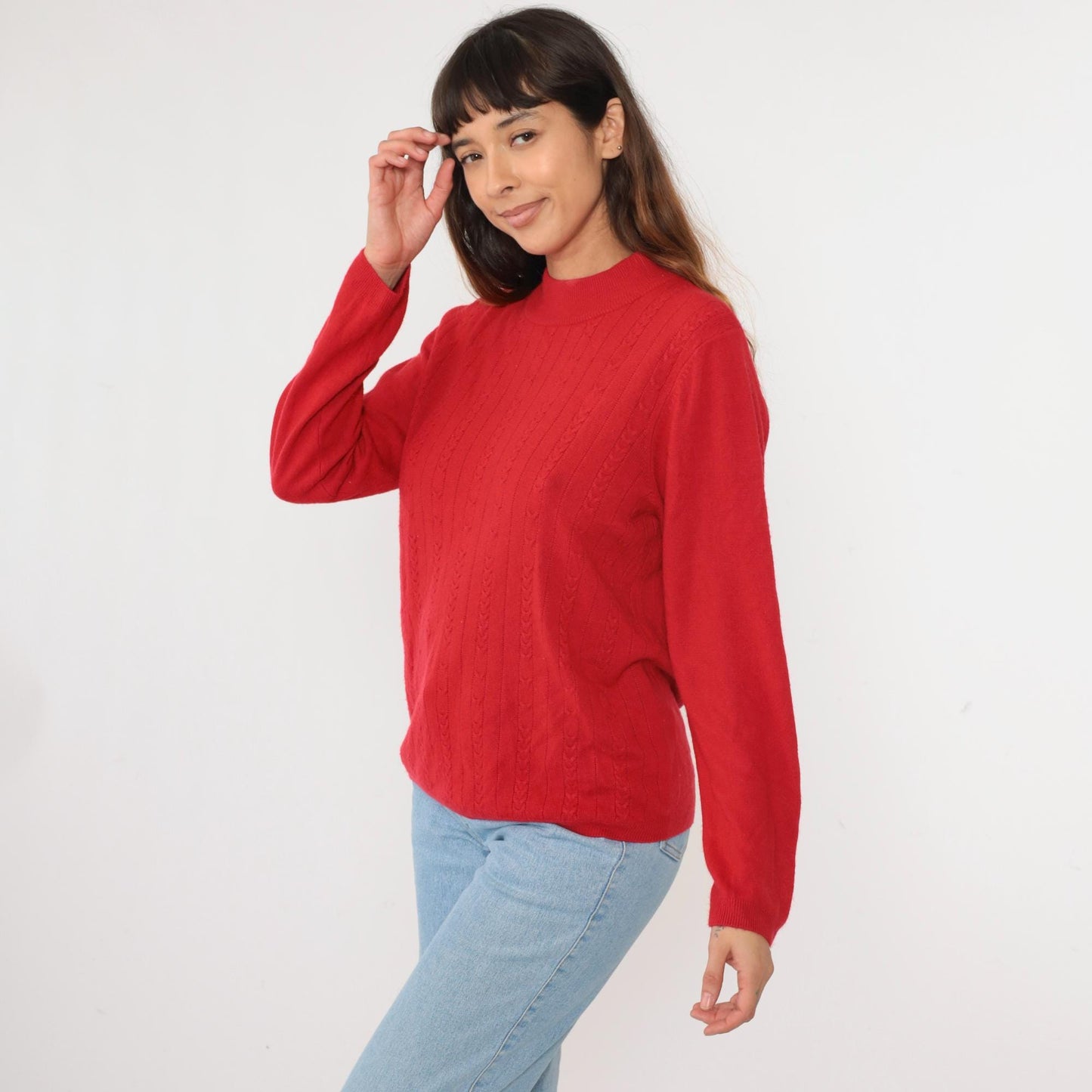 90s Alison Daley Red Cable Knit Mock Neck Sweater Large L