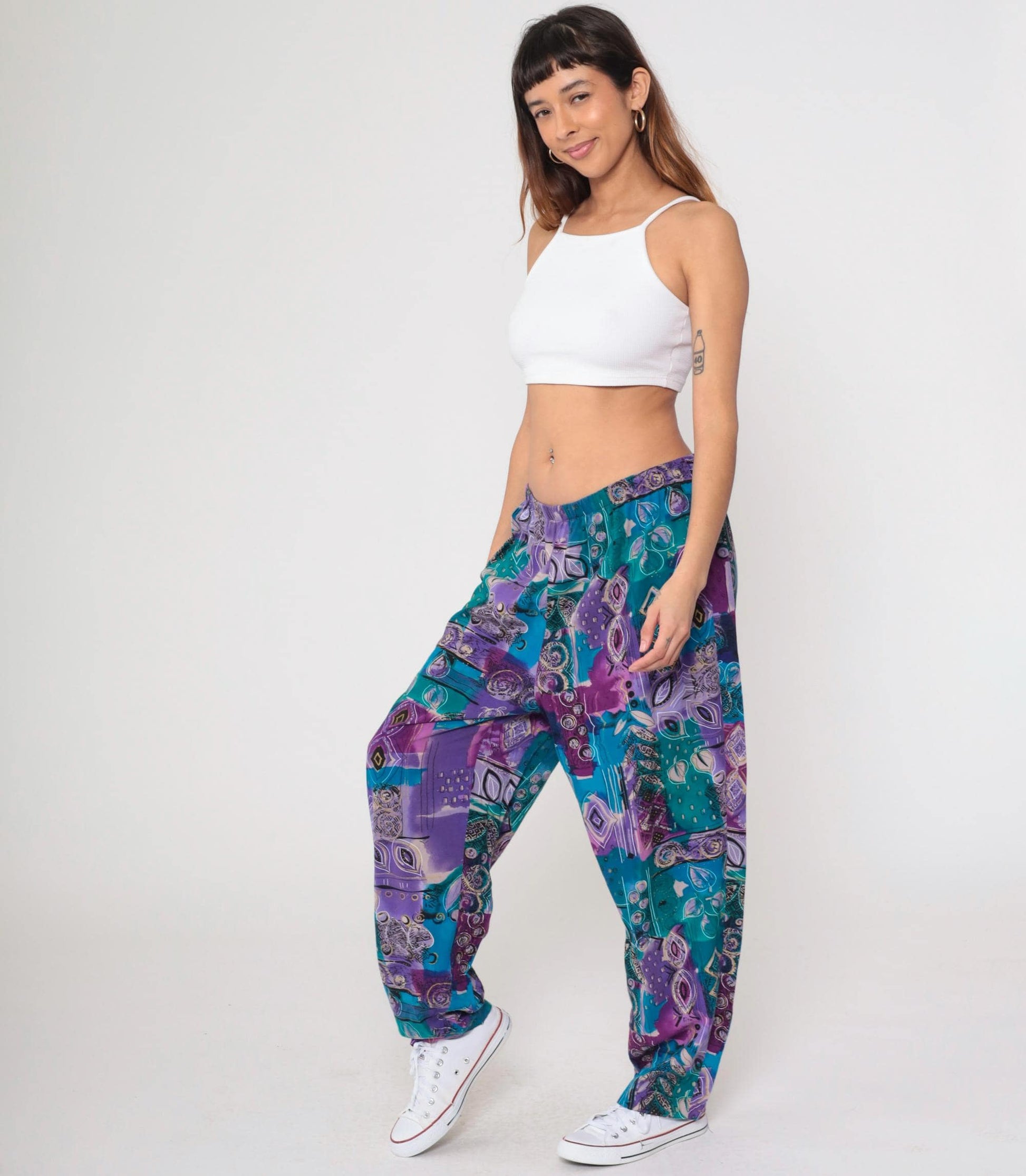 90s Fritzi Plus Sports Parachute Pants Geometric Leaf Print Purple Green Gold Trim 1X