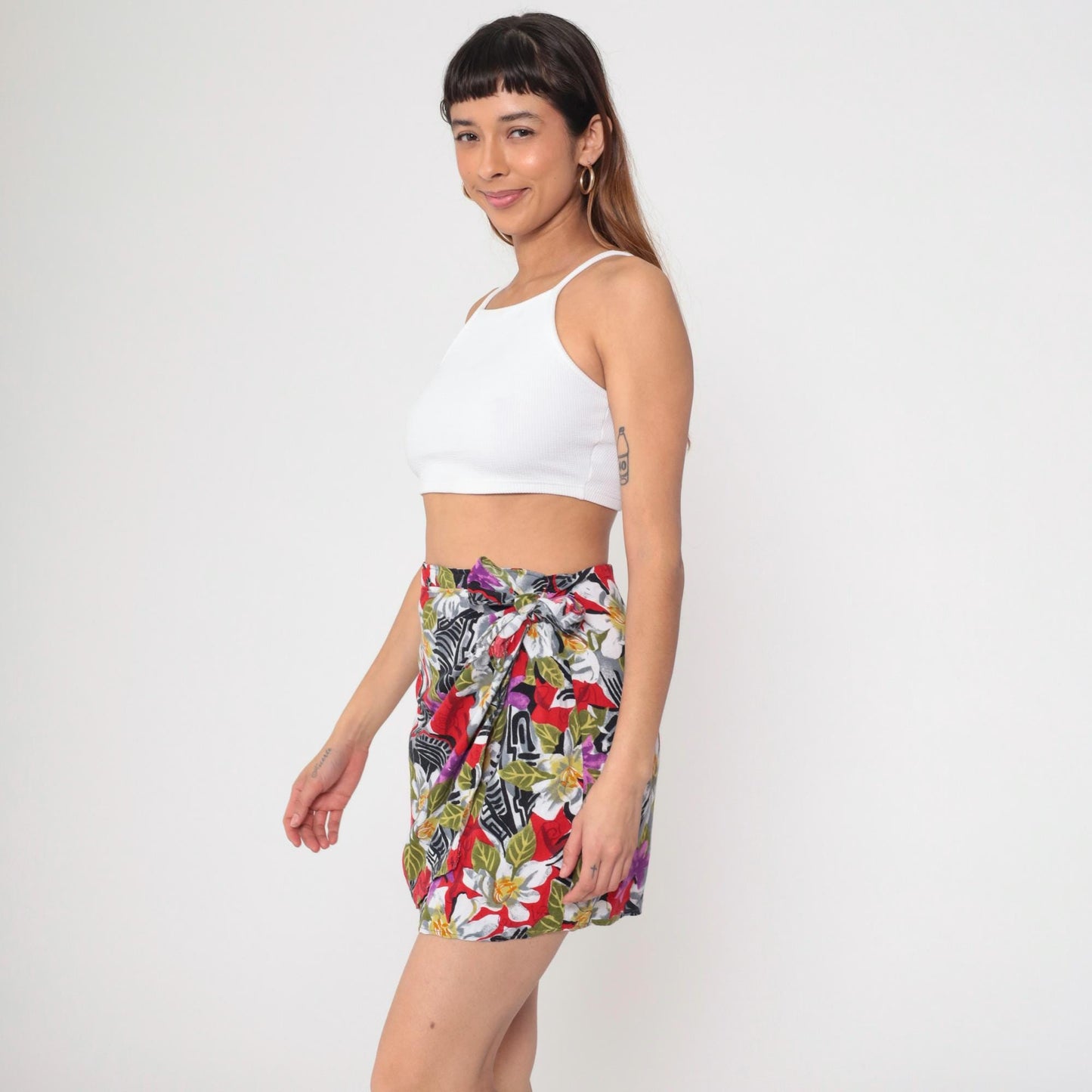 90s Tropical Floral Mini Skirt High Waist Faux Wrap Red Black White Small Medium