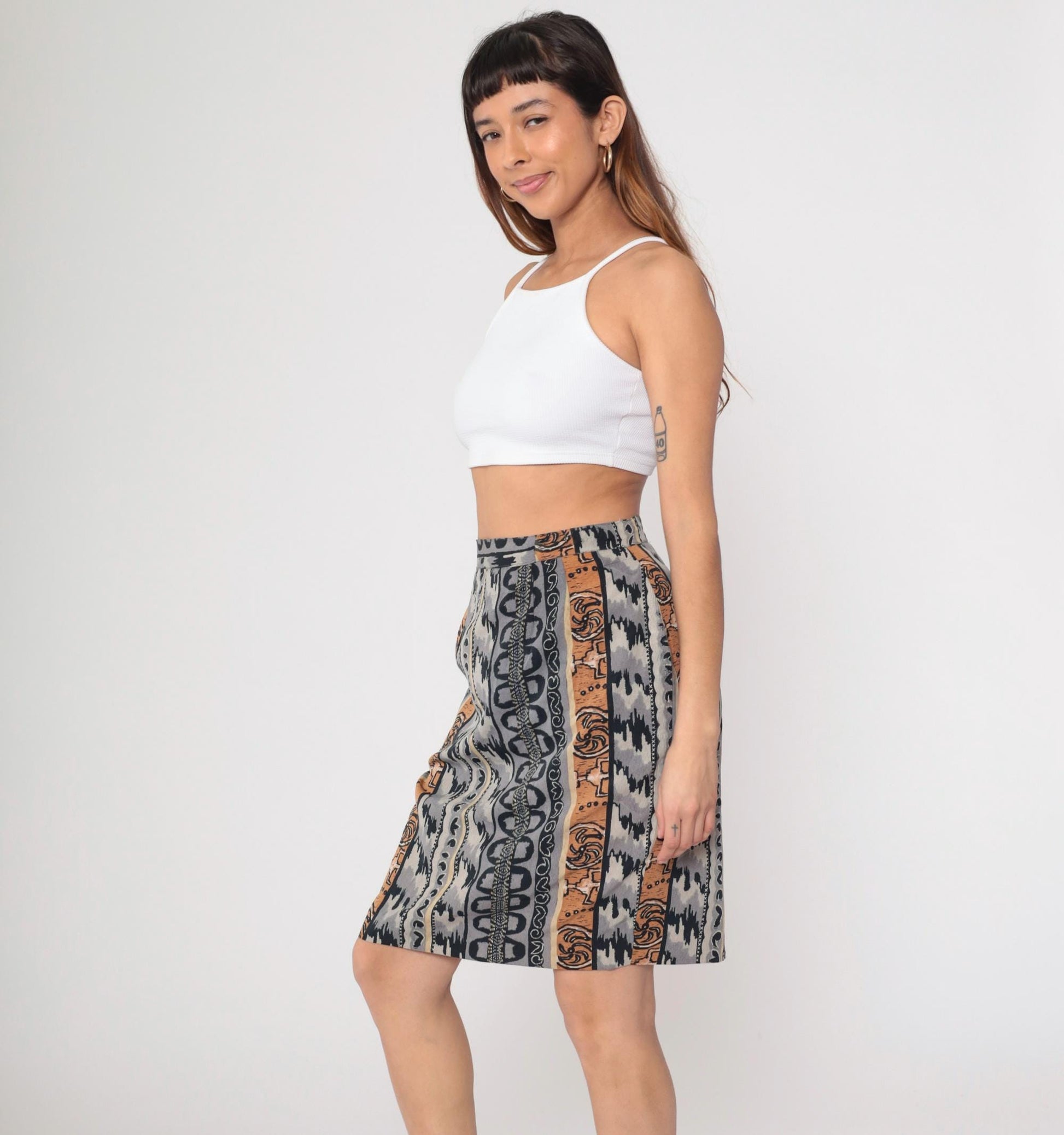 90s Geometric Striped Mini Skirt High Waisted Pencil Grey Black Tan Medium
