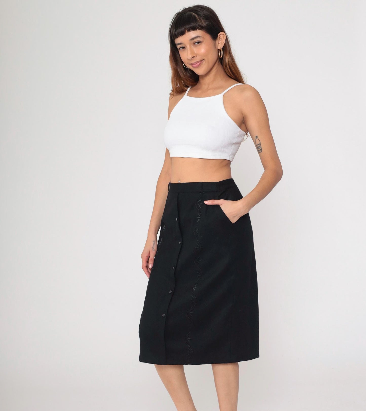 90s Black Floral Embroidered Button-Up Pencil Skirt Knee Length Medium