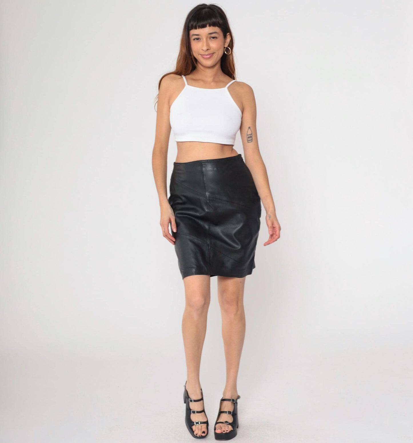 90s Style & Co. Black Leather Mini Skirt High Waist Pencil Medium 8