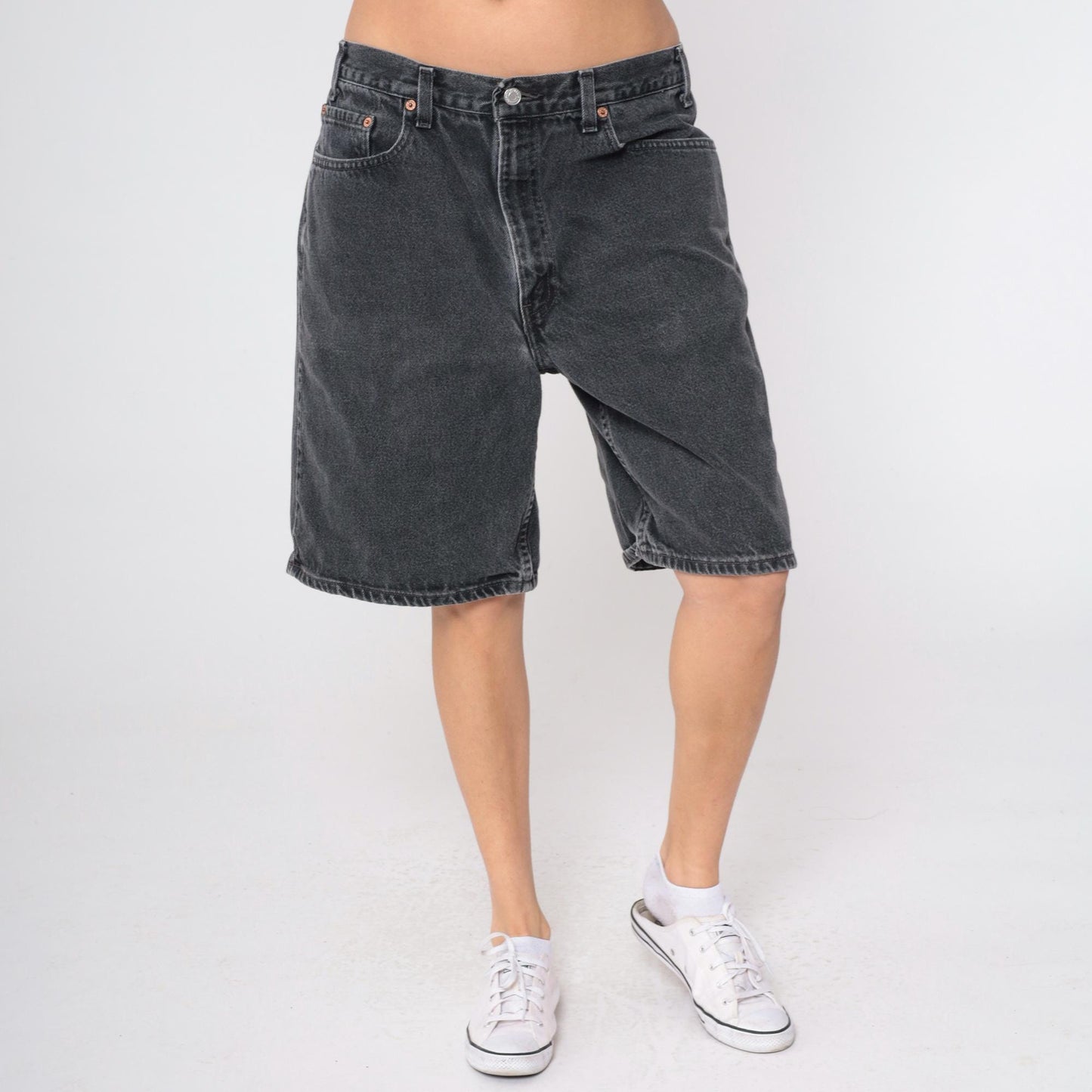 90s Levi's 550 Black Denim Shorts High Waist Knee Length Men's 38