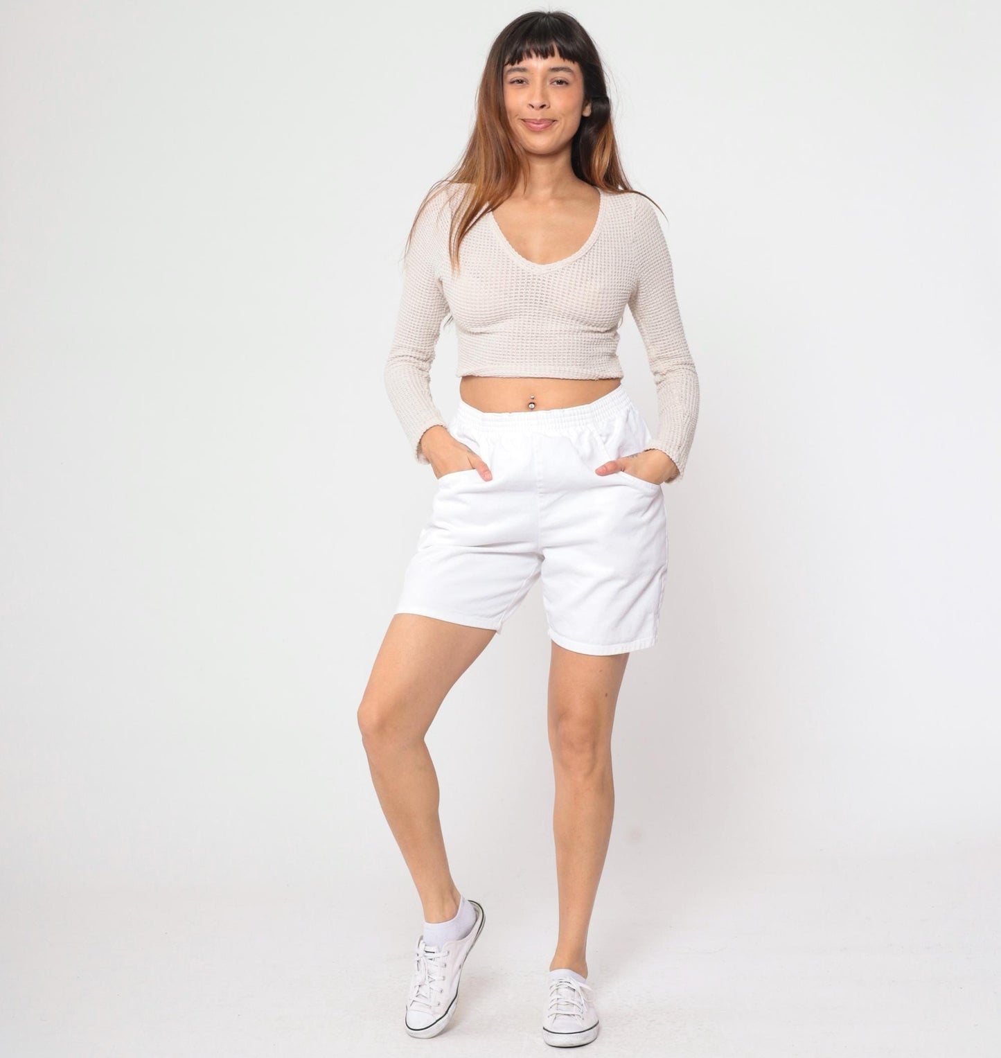 90s White Cotton Lounge Shorts High Waist Elastic Waist Small