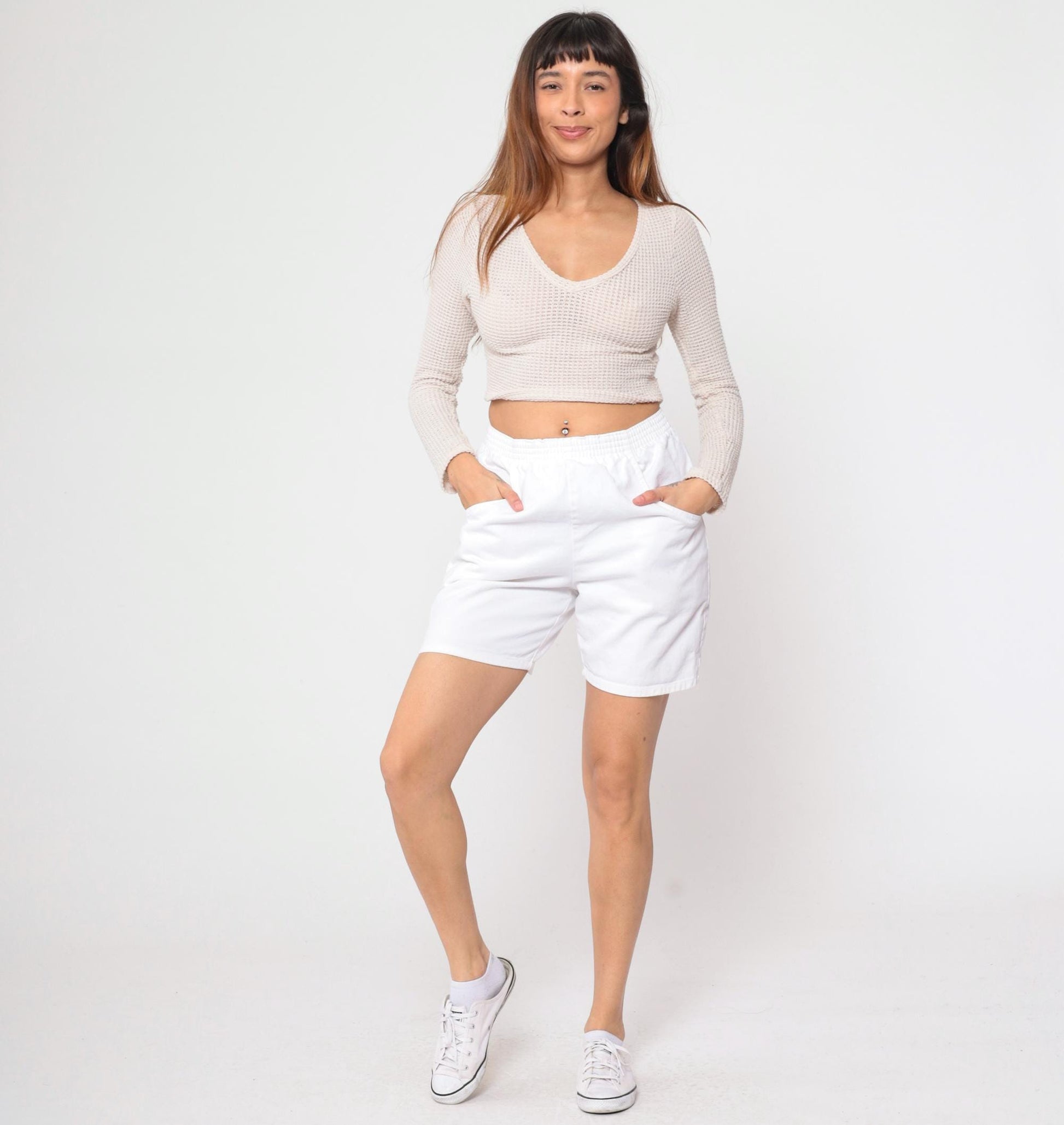90s White Cotton Lounge Shorts High Waist Elastic Waist Small