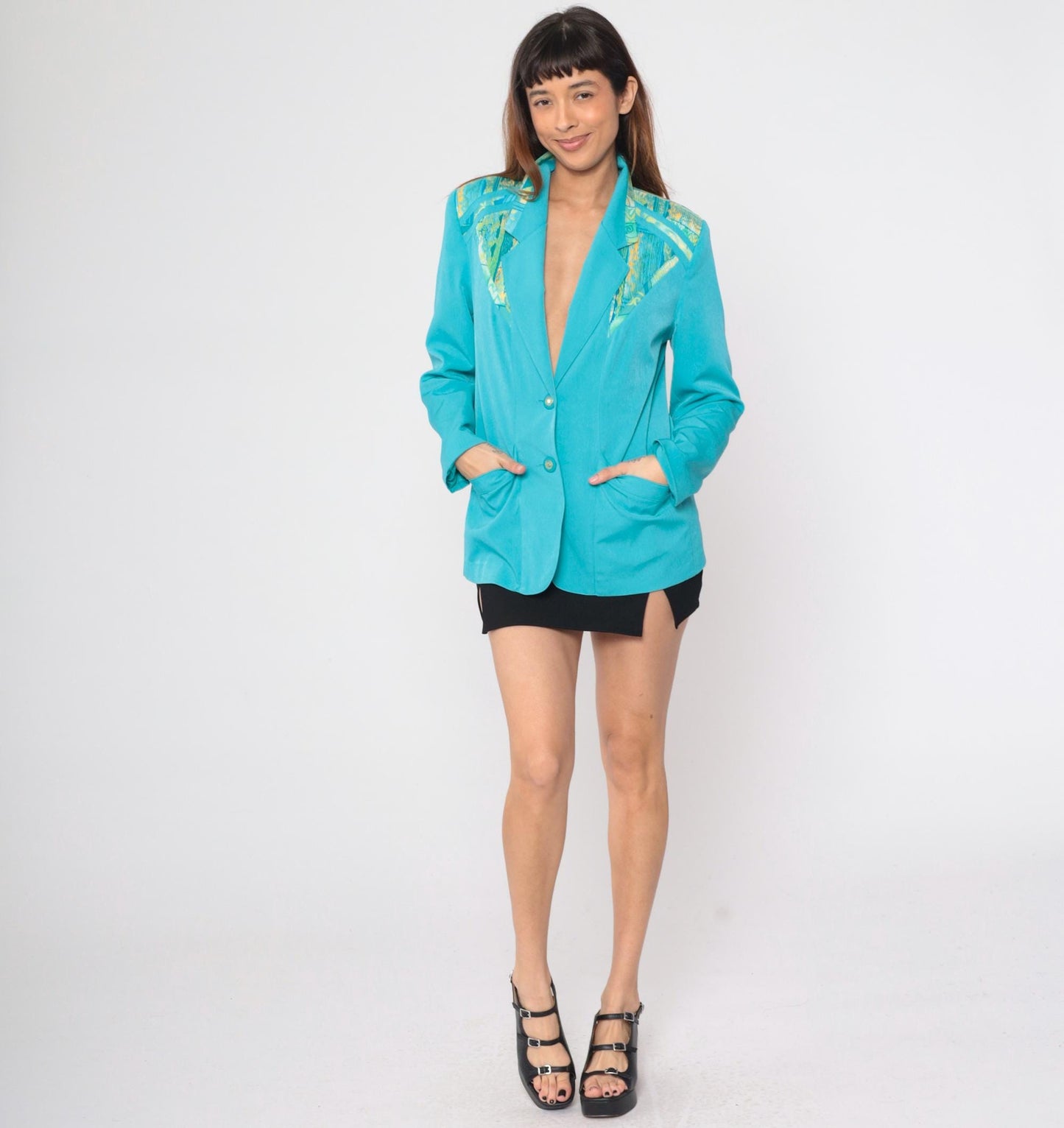 90s Turquoise Geometric Blazer V-Neck Button Jacket Small 6