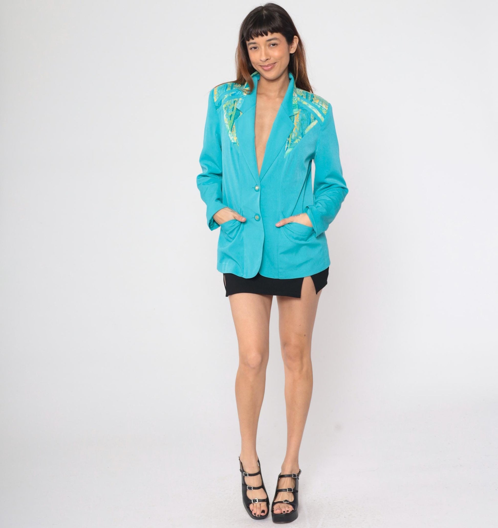 90s Turquoise Geometric Blazer V-Neck Button Jacket Small 6