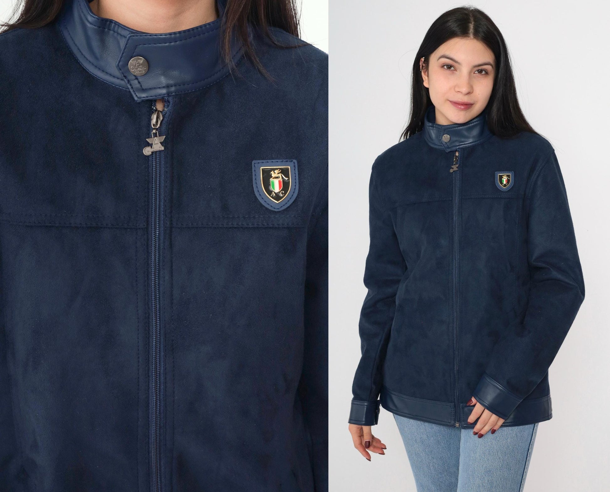 90s Collezioni Italia Faux Suede Jacket Navy Crest Logo Zip Moto Small