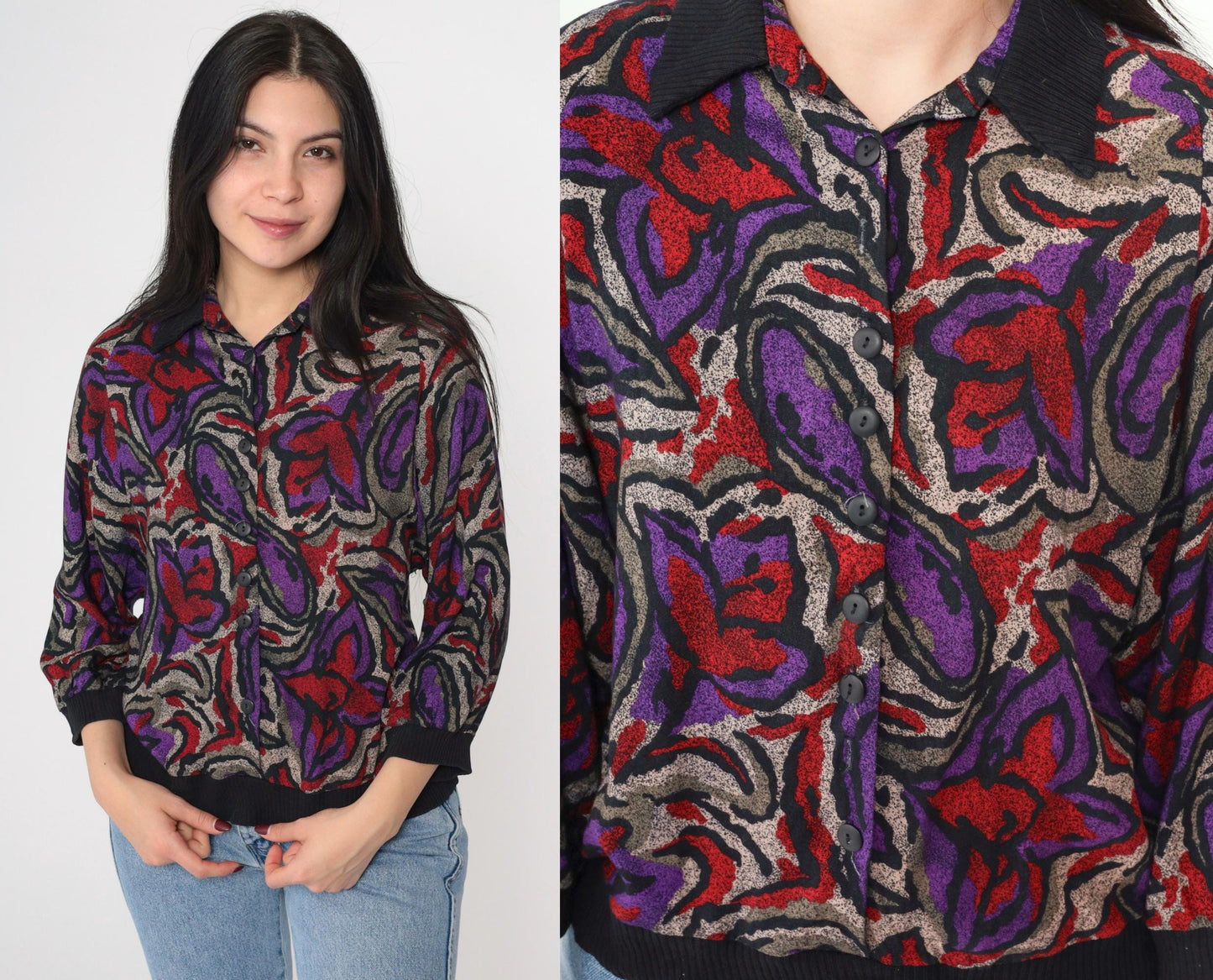 90s Abstract Floral Rayon Button Up Blouse Black 3/4 Sleeve Small S