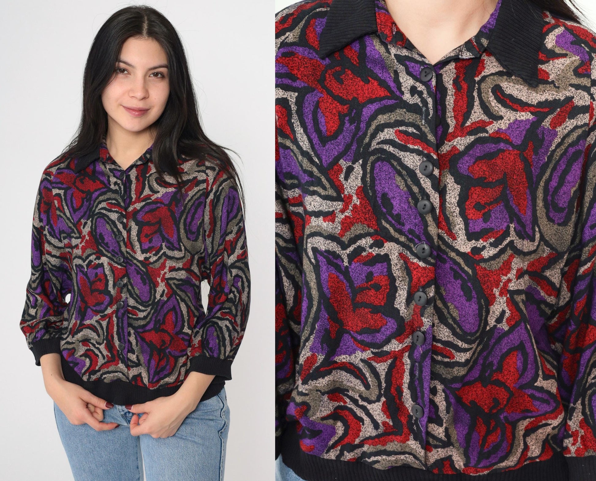 90s Abstract Floral Rayon Button Up Blouse Black 3/4 Sleeve Small S
