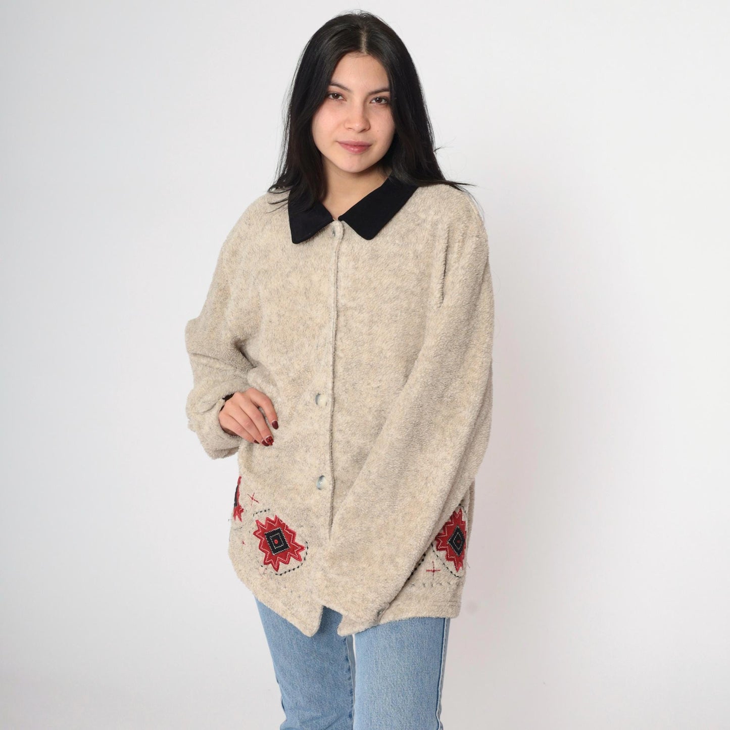 00s Southwestern Fleece Jacket Beige Aztec Button-Up XXL