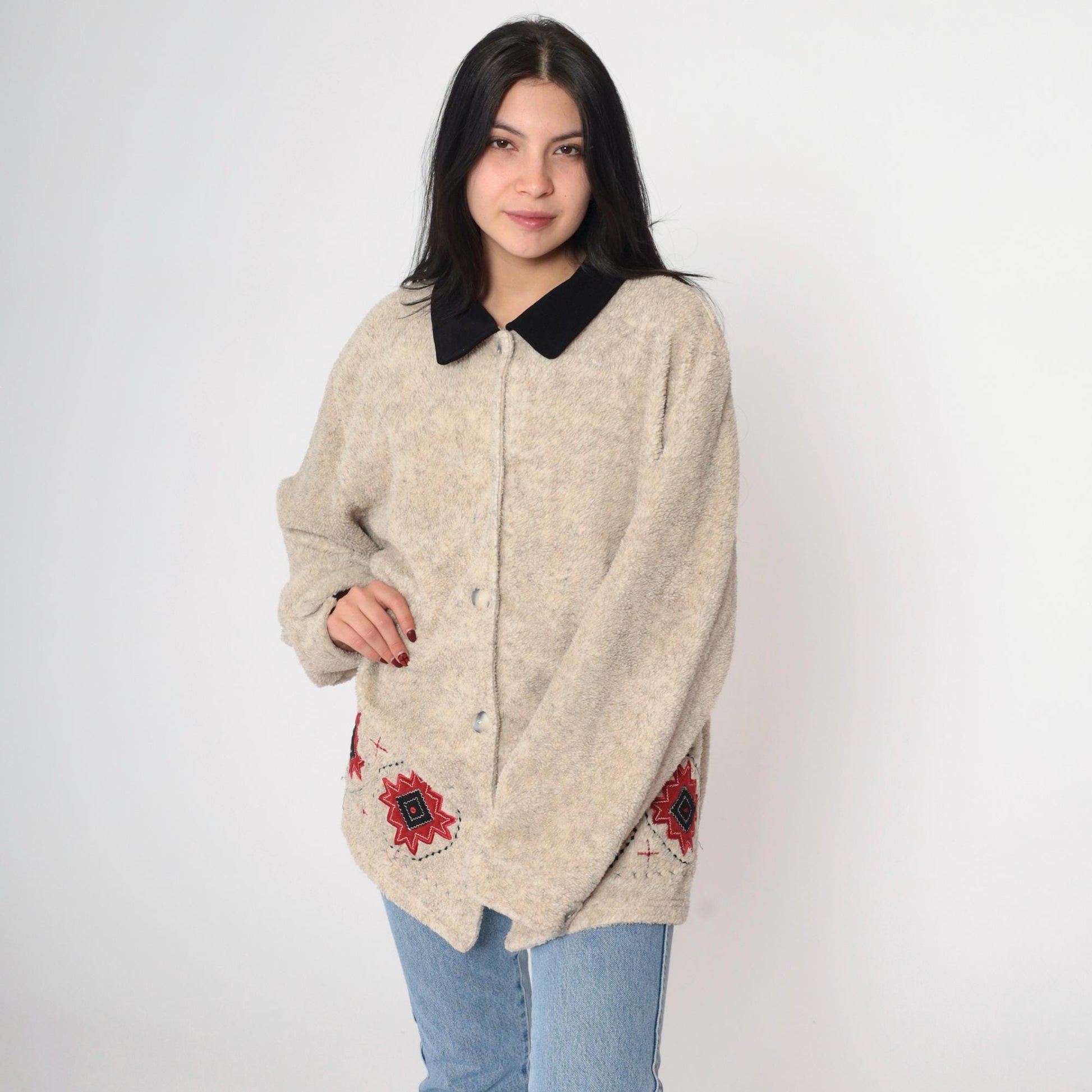 00s Southwestern Fleece Jacket Beige Aztec Button-Up XXL