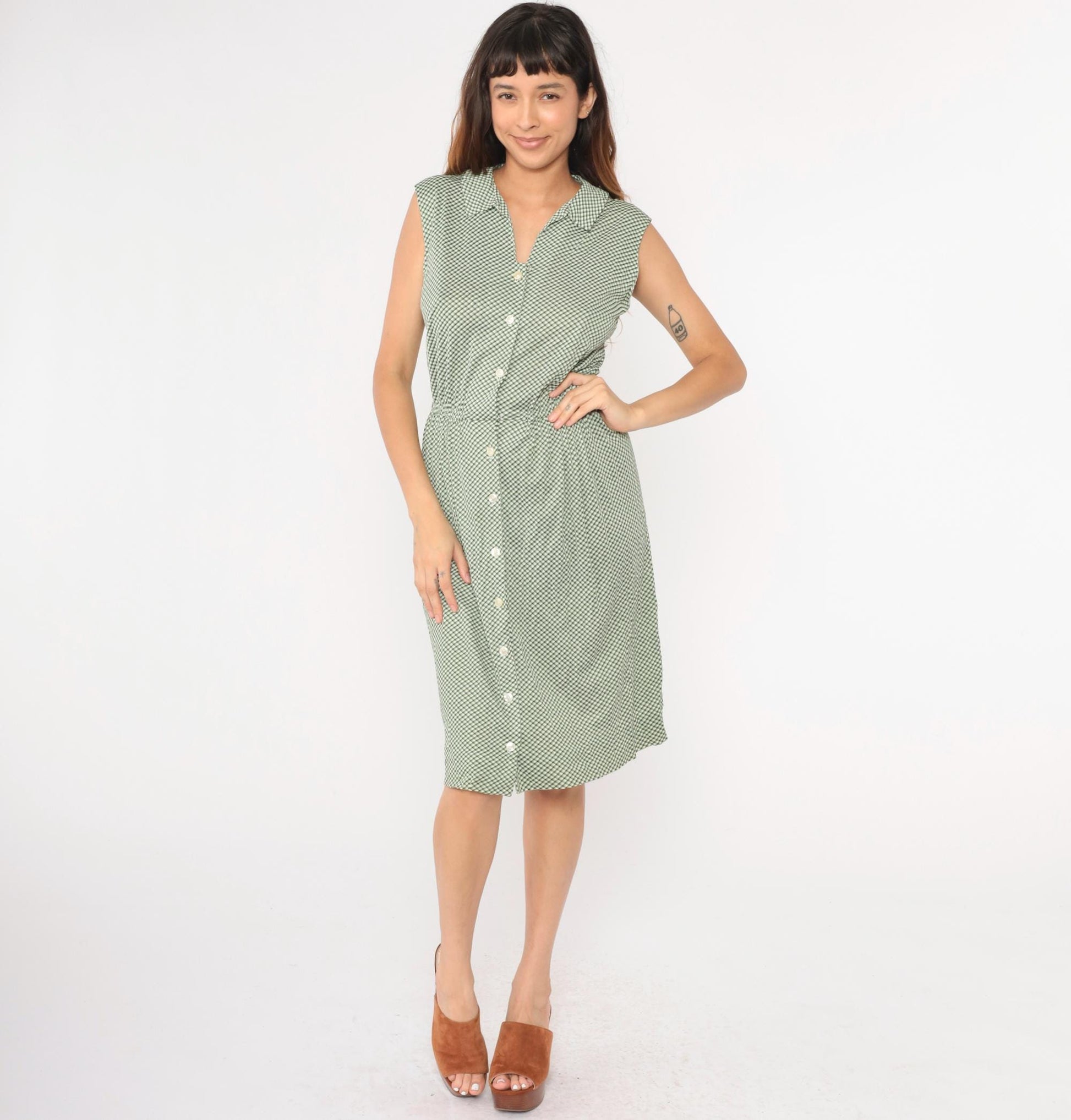 70s Green White Checkered Midi Dress High Waist Sleeveless Button Up Small Medium