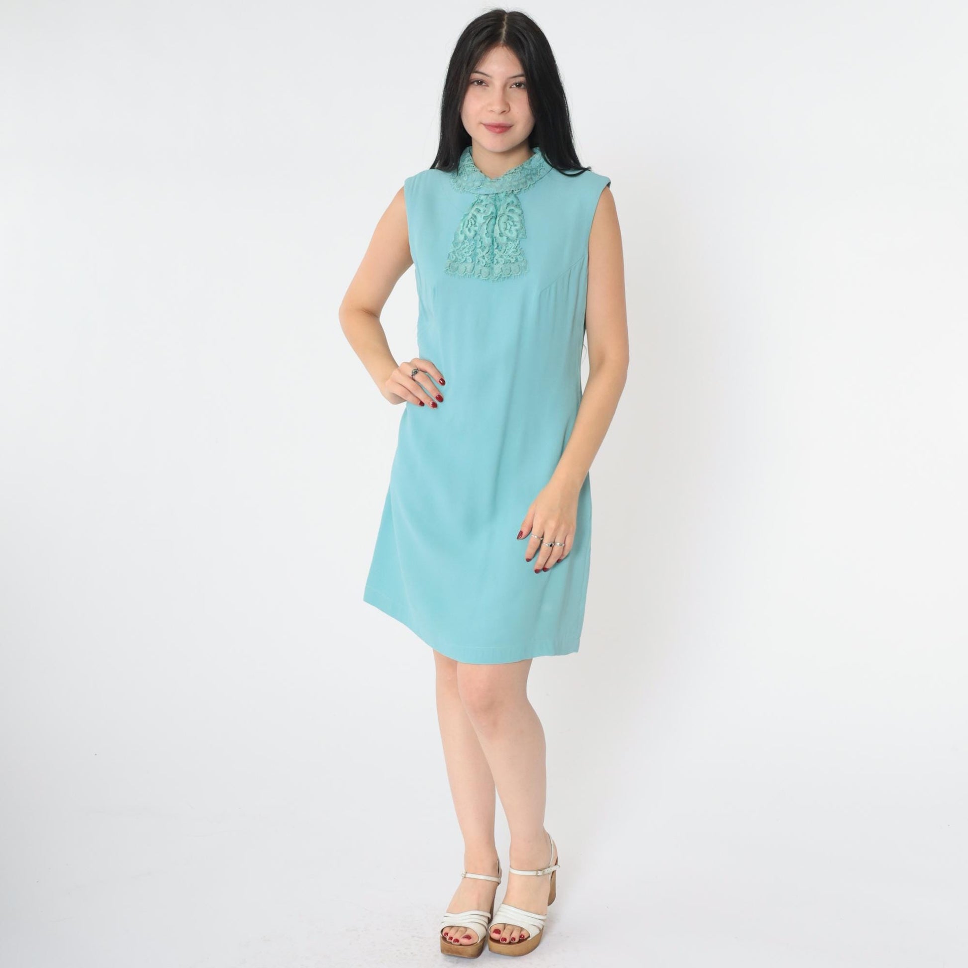 60s Mod Blue Shift Dress Lace Jabot Collar Sleeveless Mini Small Medium