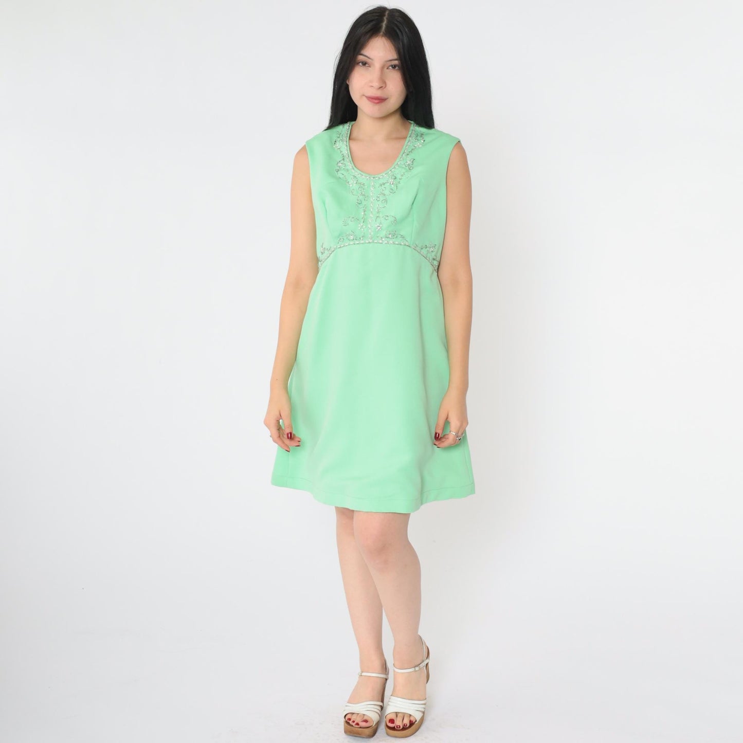 60s Mint Green Beaded Empire Waist Mini Dress Rhinestone Scoop Neck Medium