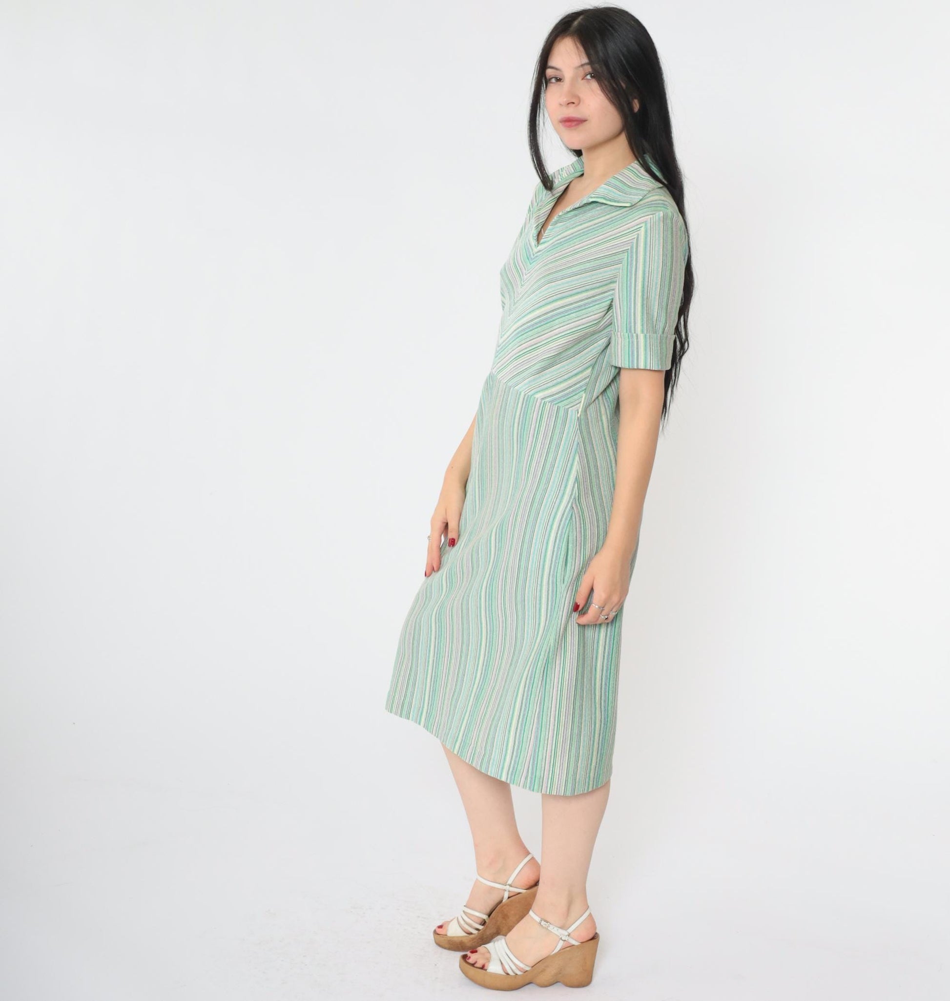 70s Chevron Striped Shift Dress Green Blue Purple Midi Collar Medium