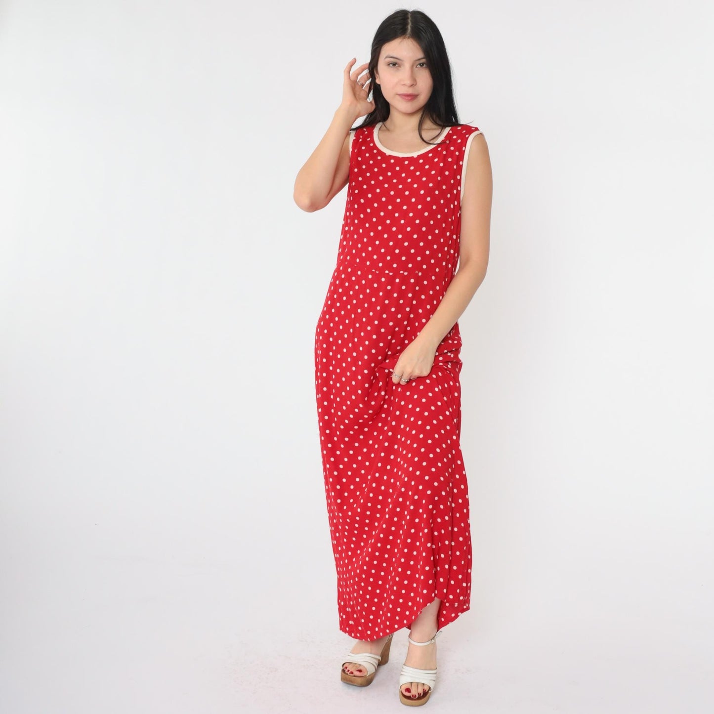 90s Red Polka Dot Maxi Dress Sleeveless High Waist Scoop Neck Medium