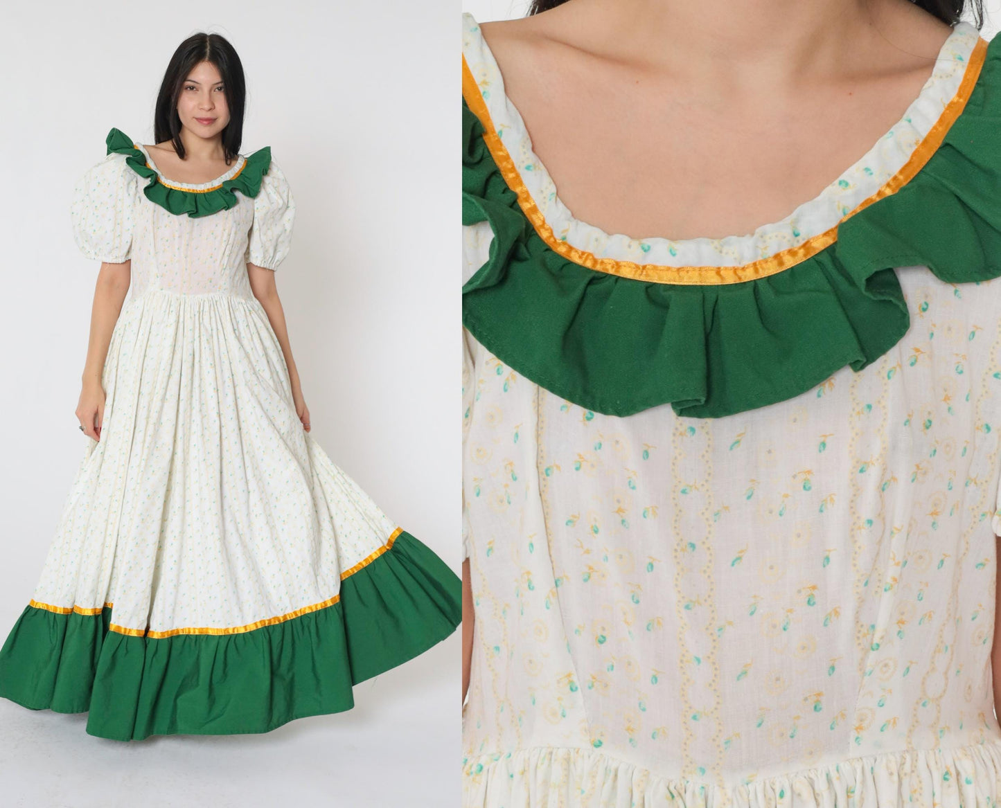 70s White Calico Floral Maxi Dress Puff Sleeve Green Ruffles High Waist Medium