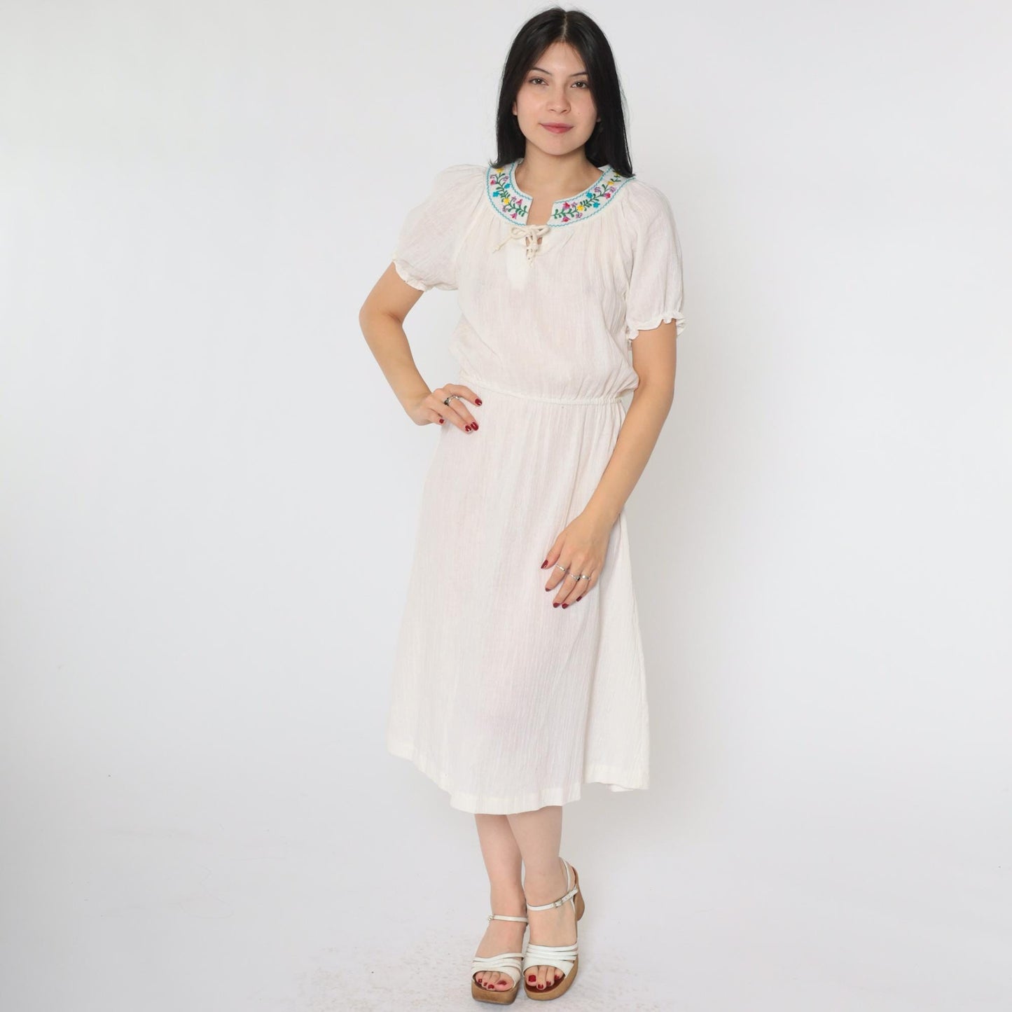 70s Floral Embroidered Off-White Gauze Peasant Dress Lace-Up Midi Small
