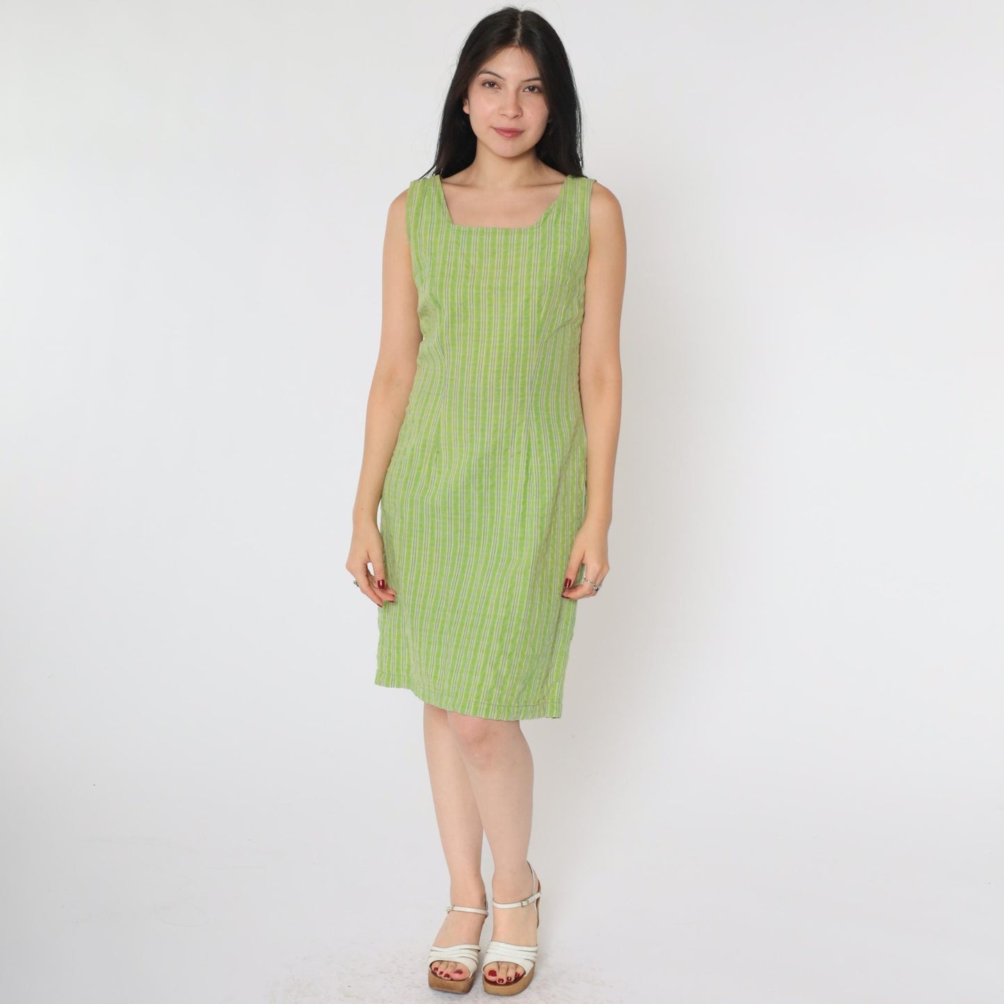 90s Forenza Green Checkered Mini Dress Square Neck Sleeveless Small