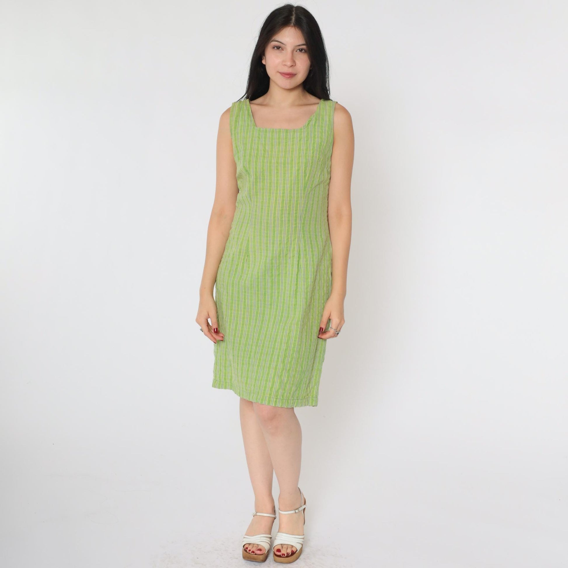 90s Forenza Green Checkered Mini Dress Square Neck Sleeveless Small
