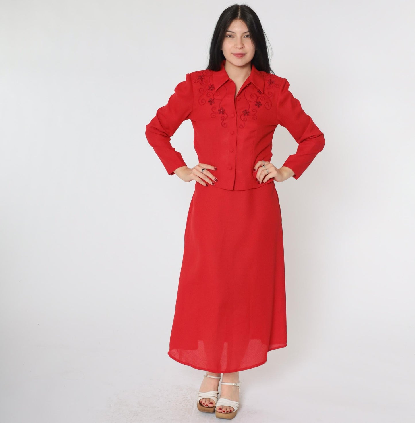 90s Karin Stevens Red Soutache Beaded Two-Piece Dress Set Ankle Length Small Petite