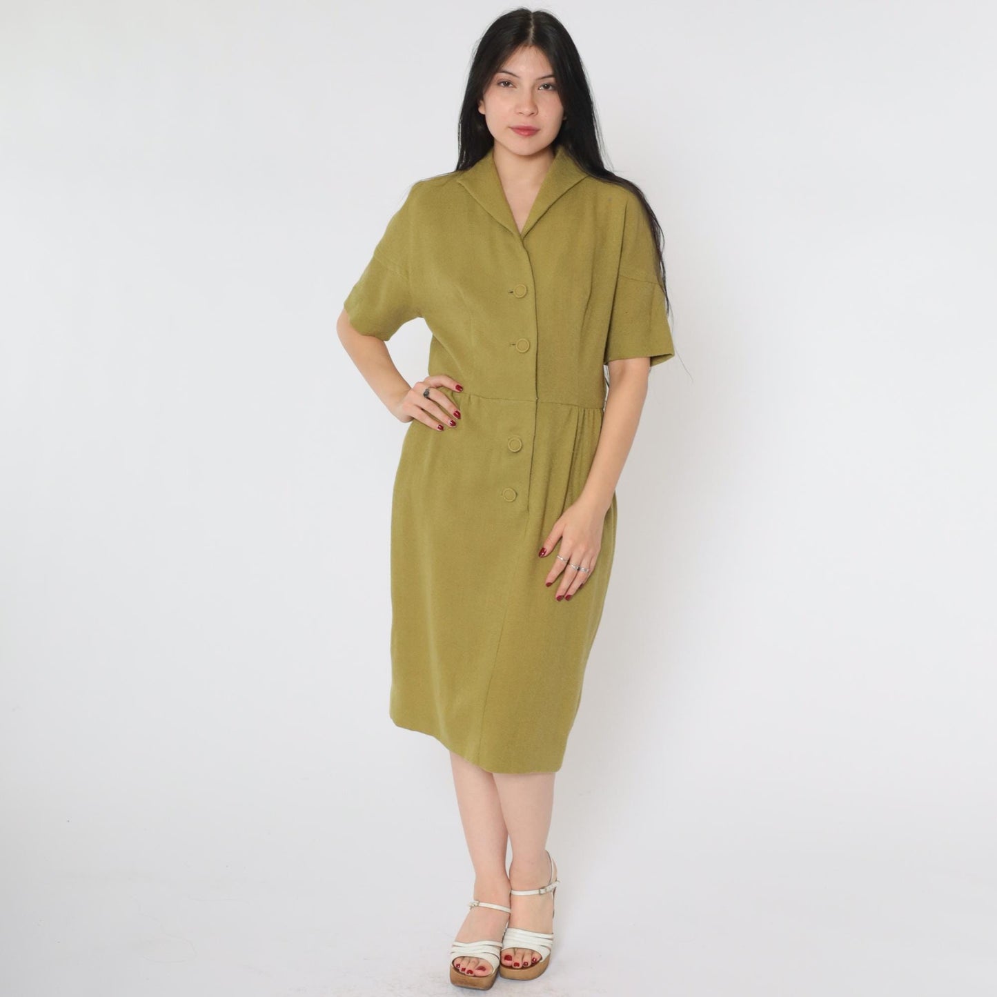 60s Olive Green Wool Pencil Dress Button Front High Waist Short Sleeve Midi Medium 8