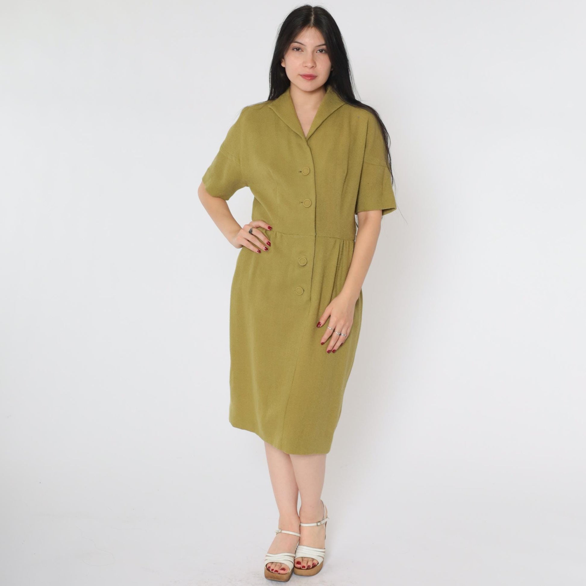 60s Olive Green Wool Pencil Dress Button Front High Waist Short Sleeve Midi Medium 8