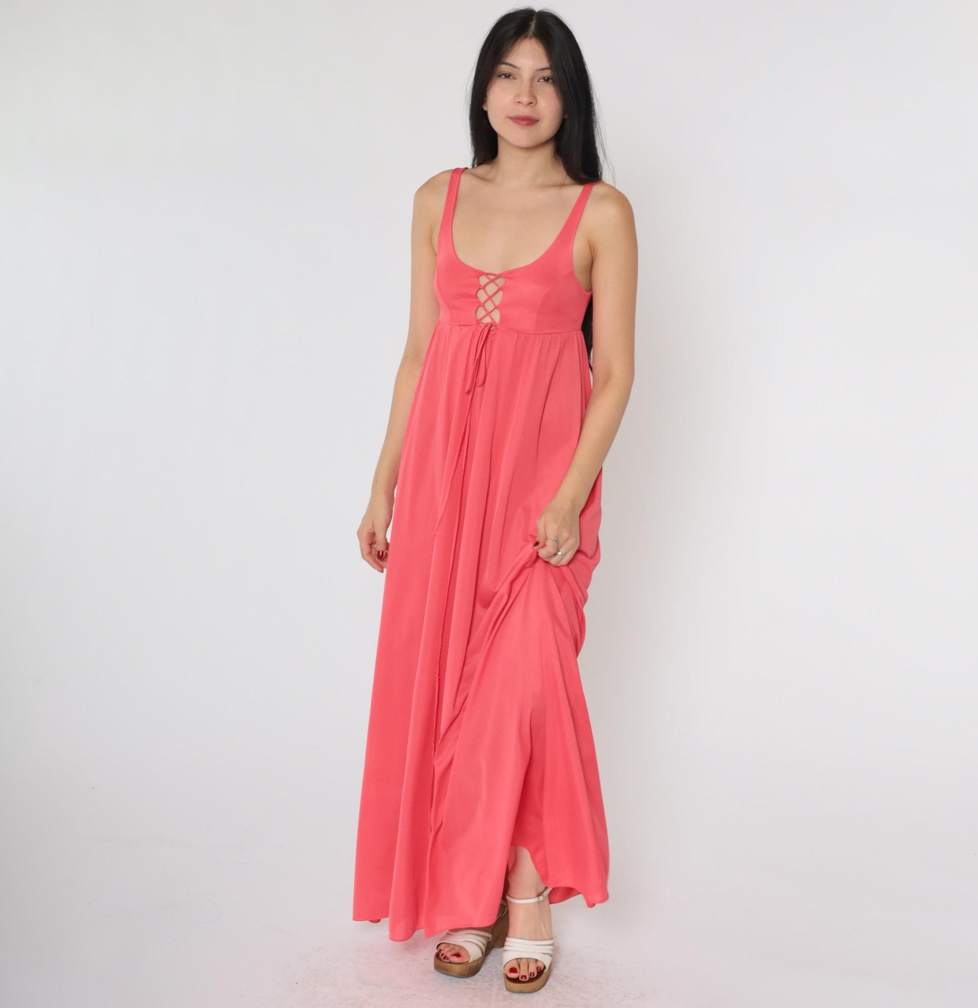 70s Coral Pink Lace-Up Slip Dress Maxi Empire Waist Scoop Neck Extra Small