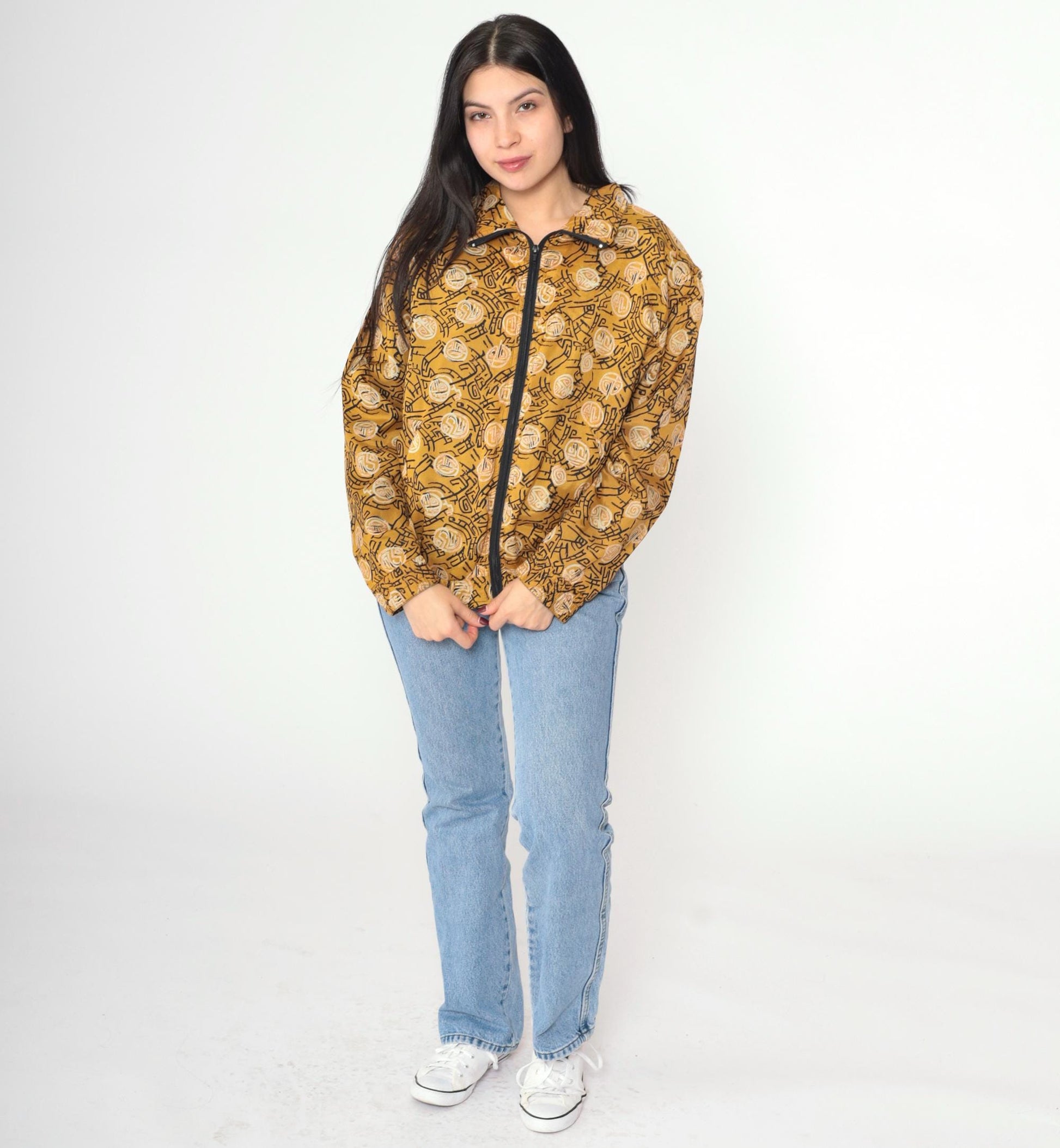 90s Kiku Silk Windbreaker Mustard Yellow Asian Symbol Zip Jacket Small