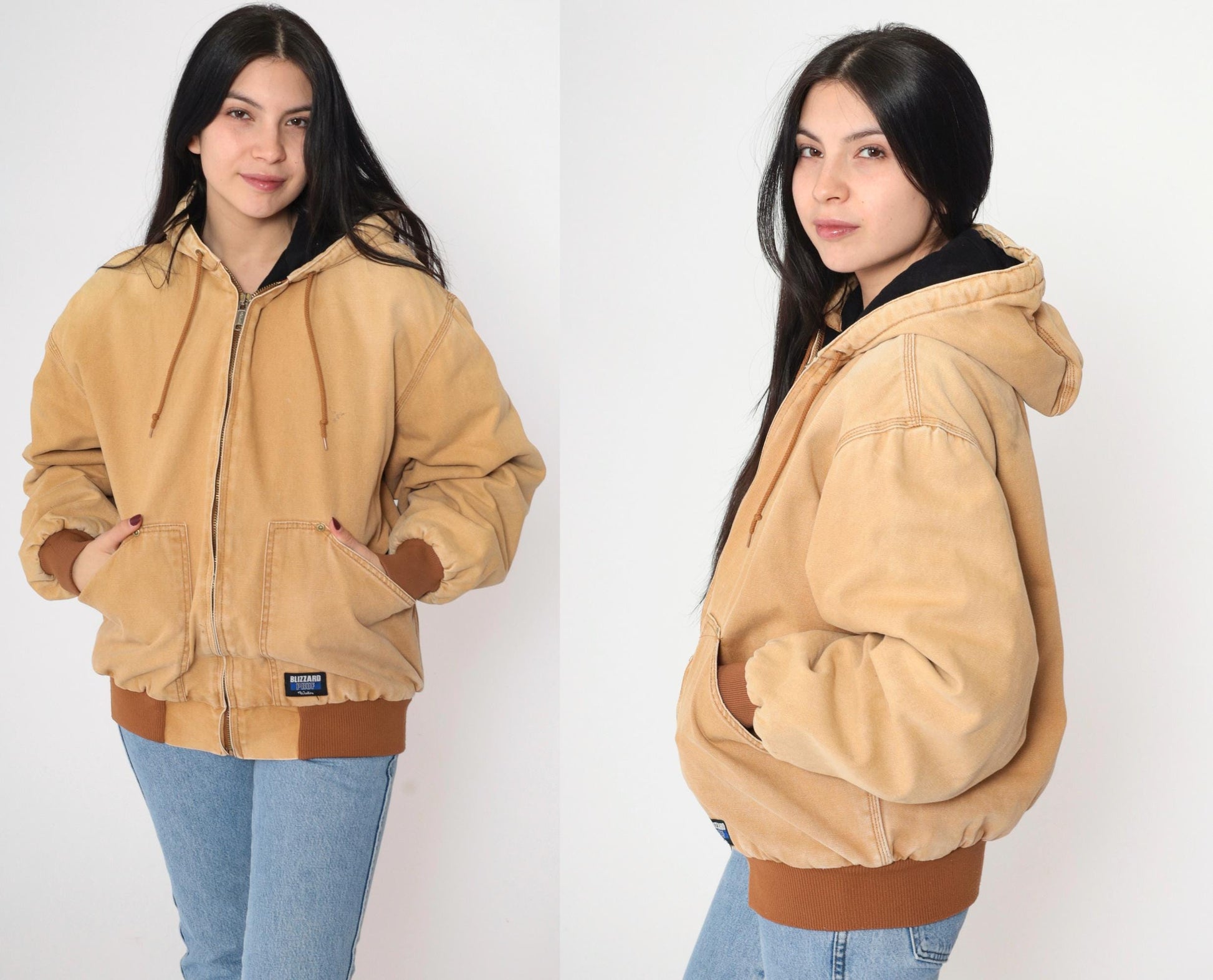 Y2K Walls Blizzard Pruf Hooded Work Jacket Tan Cargo Utility Large