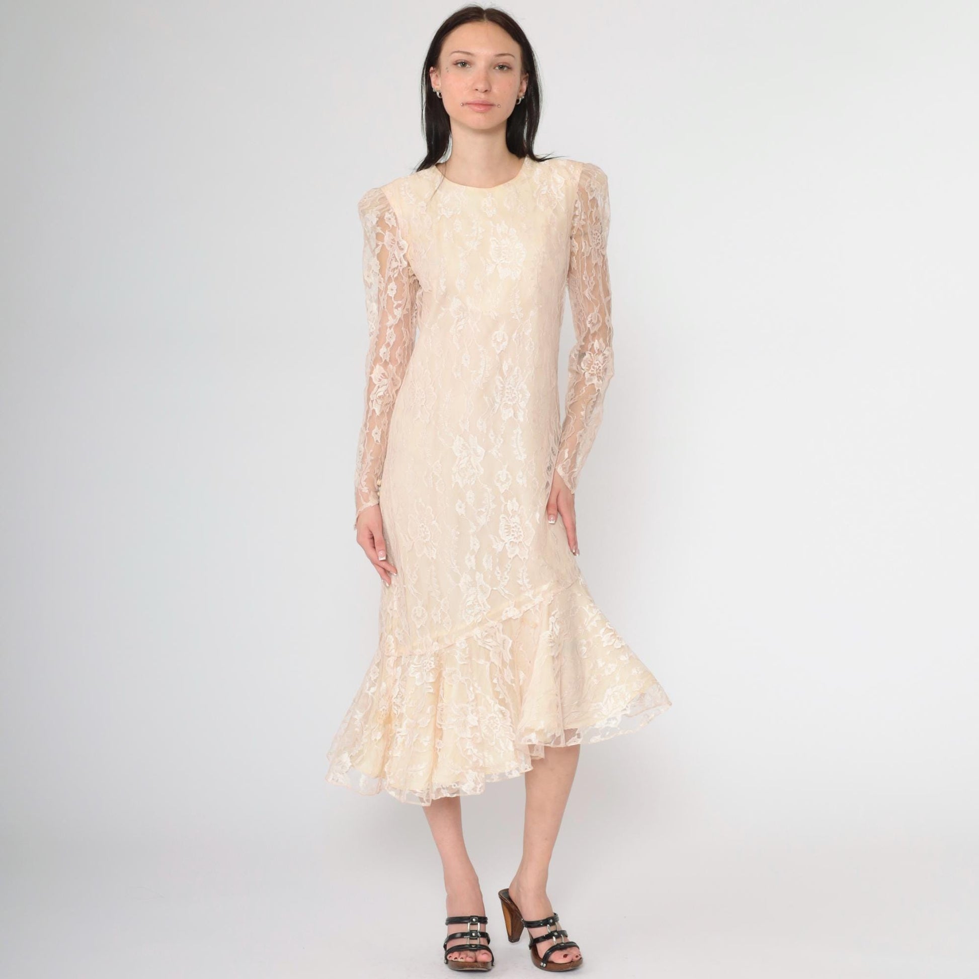 80s Peach Lace Puff Sleeve Dress Keyhole Back Mermaid Hem Small