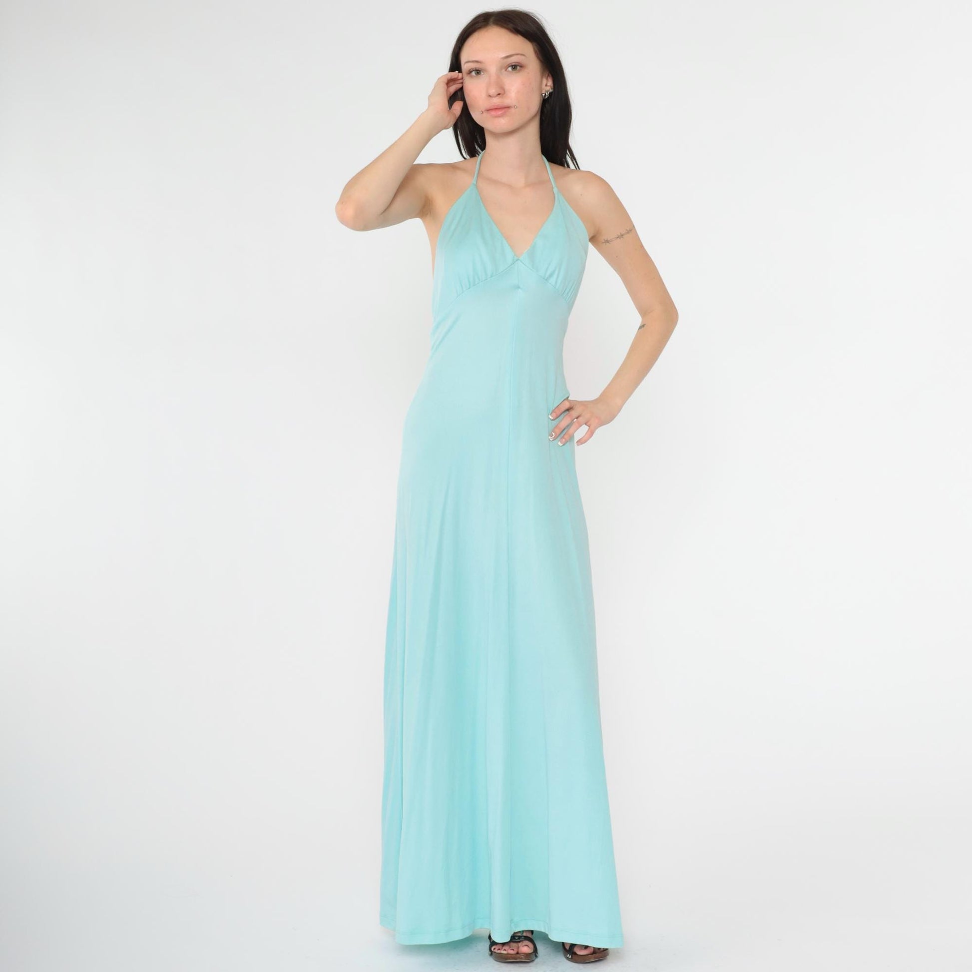 70s Light Blue Halter Maxi Dress Open Back Empire Waist Extra Small