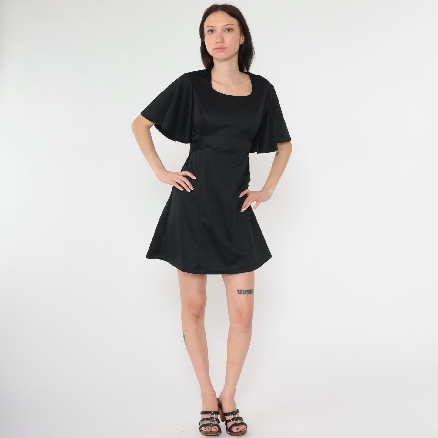 Y2K Black Babydoll Mini Dress Flutter Sleeve Empire Waist Small 6