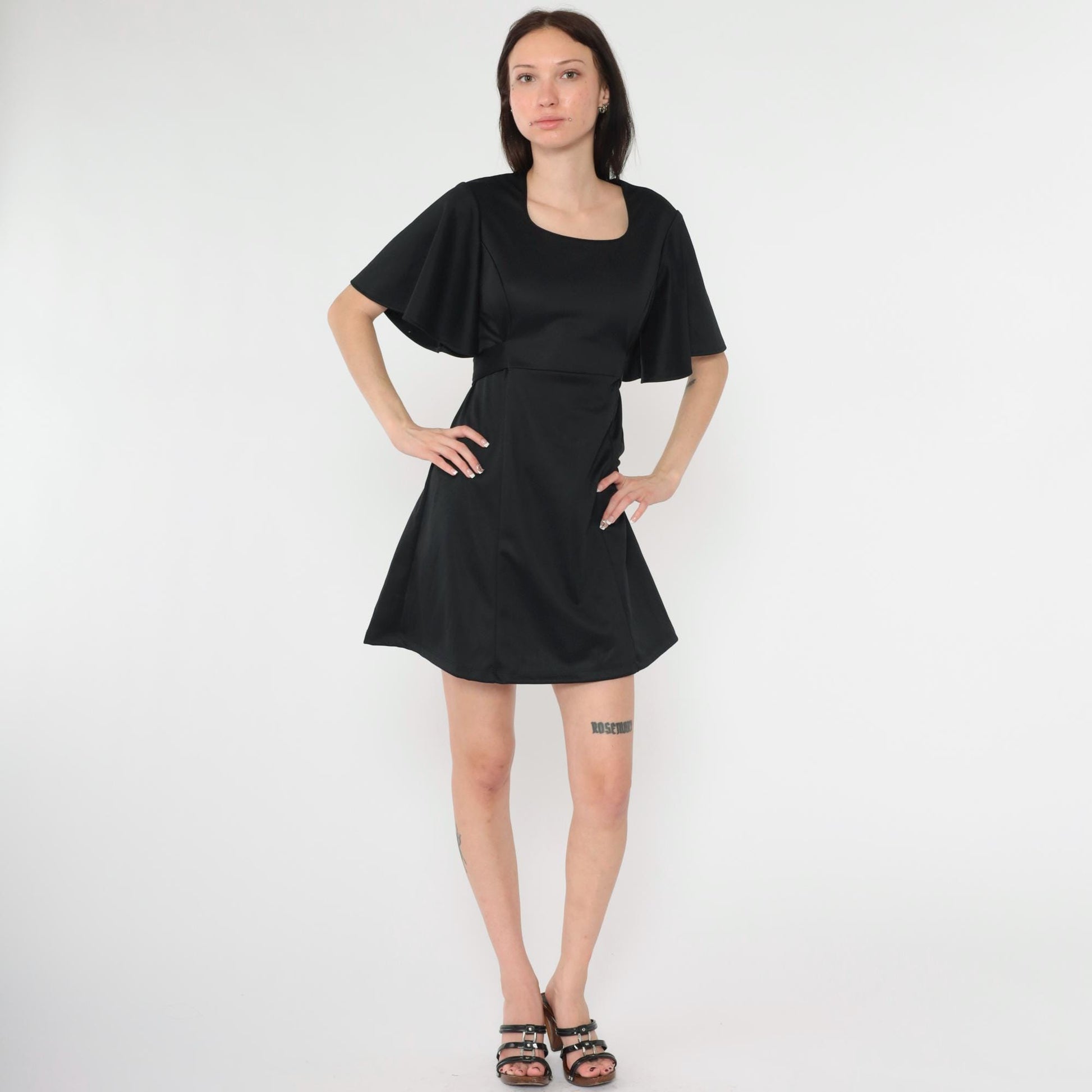 Y2K Black Babydoll Mini Dress Flutter Sleeve Empire Waist Small 6