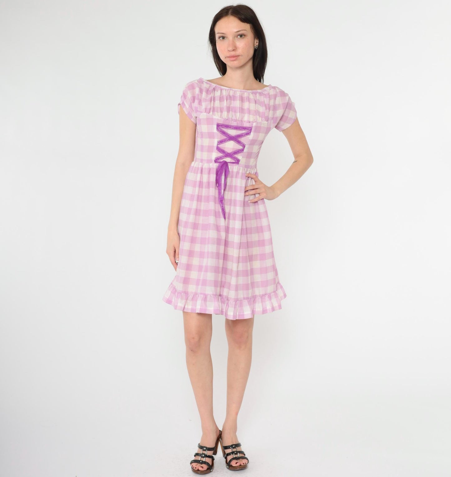 60s Lavender Gingham Mini Dress Lace-Up Corset Cap Sleeve High Waist Extra Small