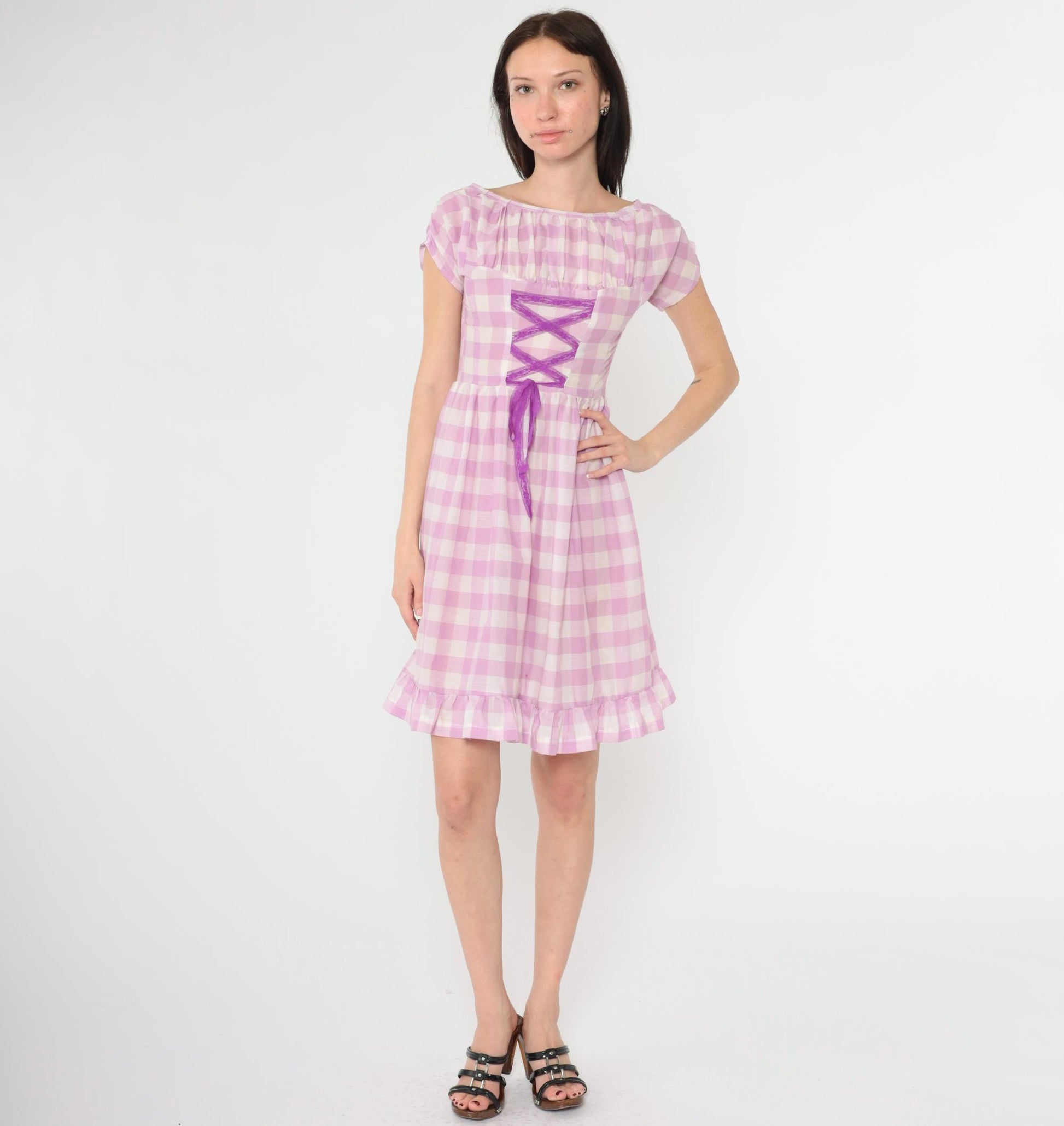 60s Lavender Gingham Mini Dress Lace-Up Corset Cap Sleeve High Waist Extra Small